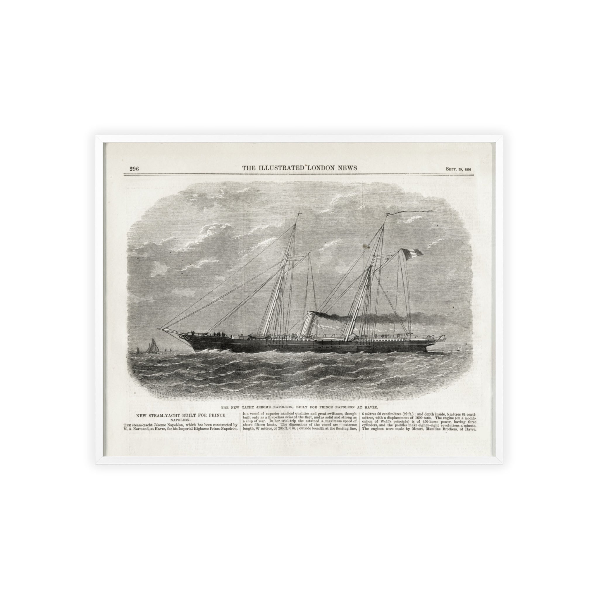 The New Yacht JEROME NAPOLEON, Built for Prince NAPOLEAN at Havre. Framed Vintage Ship Print Poster — Nautical Wall Art with Wooden Frame