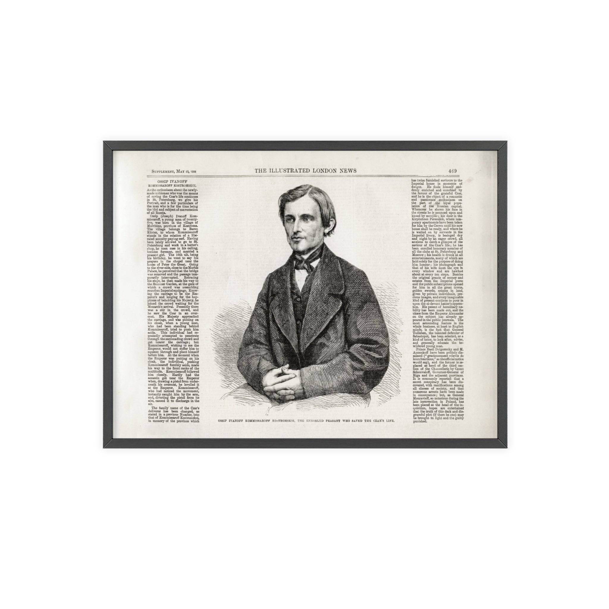 OSSIP IVANOFF, the peasant who saved the CZAR's Life. Vintage Illustrated Portrait Poster with Wooden Frame — Antique Newspaper Art Print
