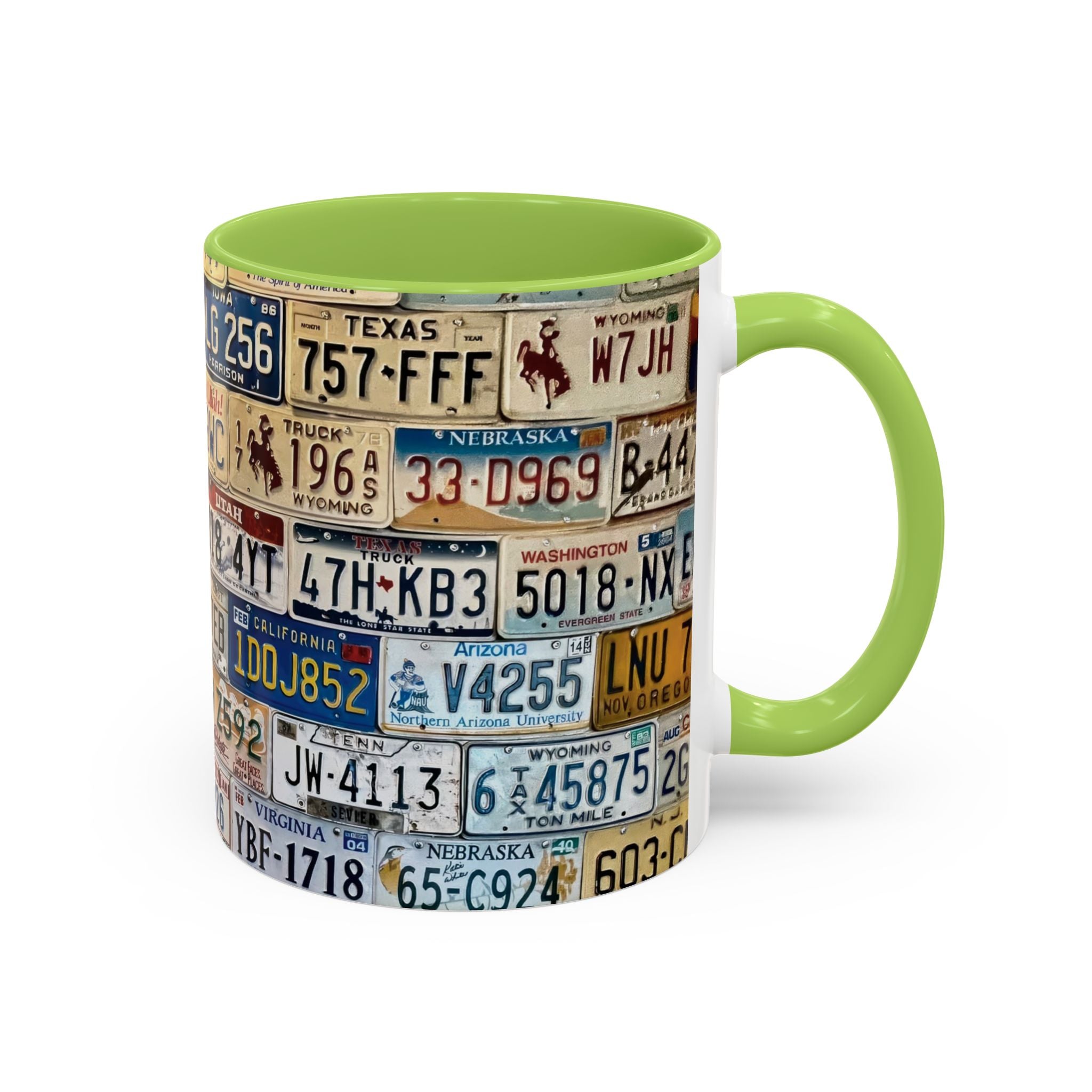 License Plate Collage Coffee Mug — Route 66, Vintage Road Trip Accent Mug