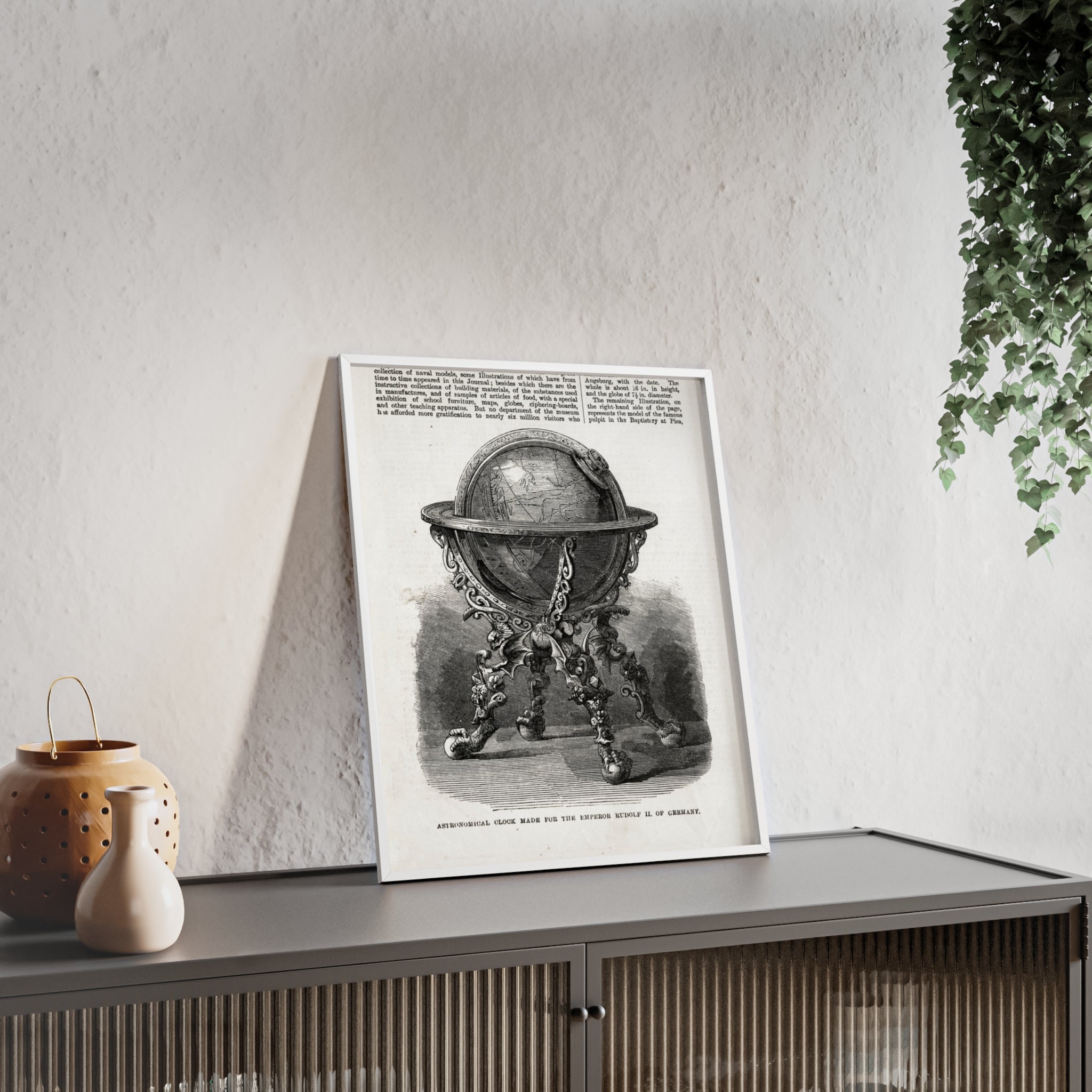 Astronomical Clock made for the Emperor RUDOLPH II, of Germany. Vintage Globe Illustration Poster with Wooden Frame — Antique Map Print