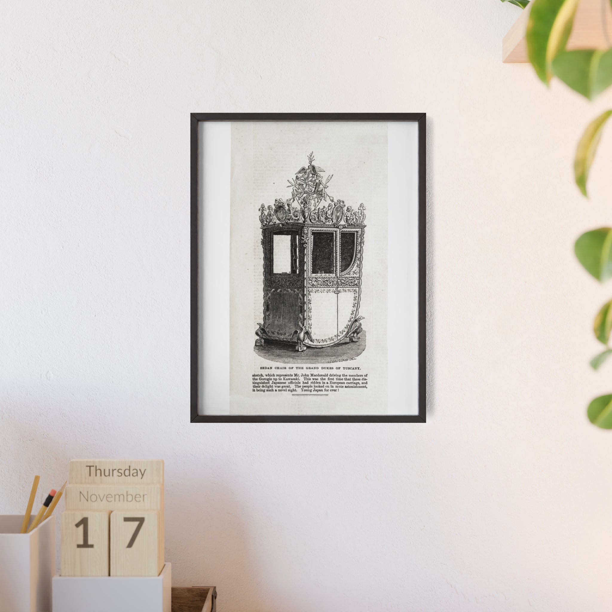 Chair of the GRAND DUKES of TUSCANY. Antique Carriage Print Poster with Wooden Frame — Vintage Engraving Wall Art