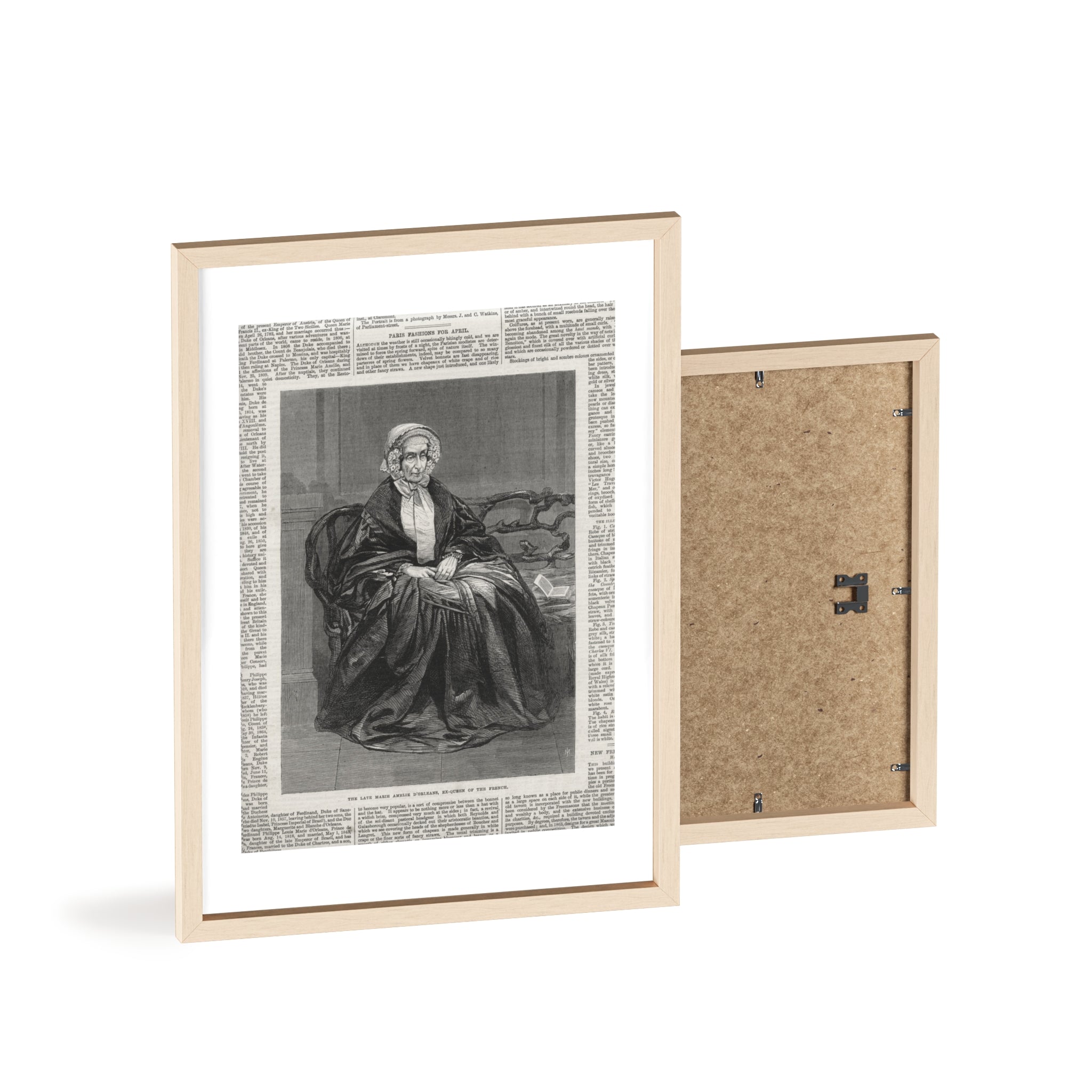The Late Marie Amelie D'Orleans, Ex-Queen of the French. Vintage Portrait Newspaper Art Poster with Black Wooden Frame