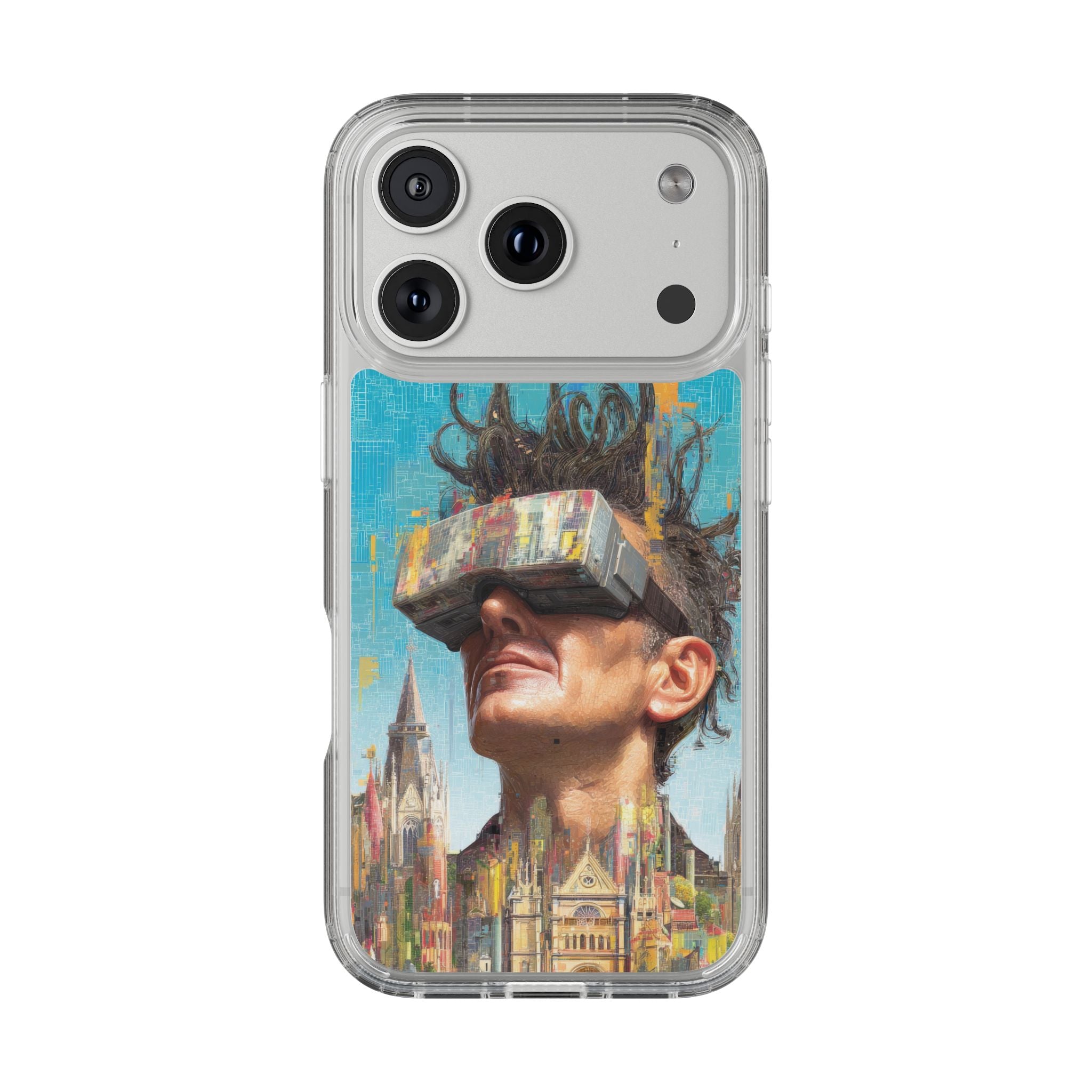 Clear Phone Case — Retro VR Cityscape Illustration