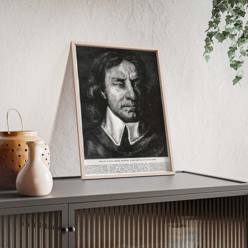 OLIVER CROMWELL. Historical Portrait Poster with Wooden Frame — Vintage Chalk-Style Print