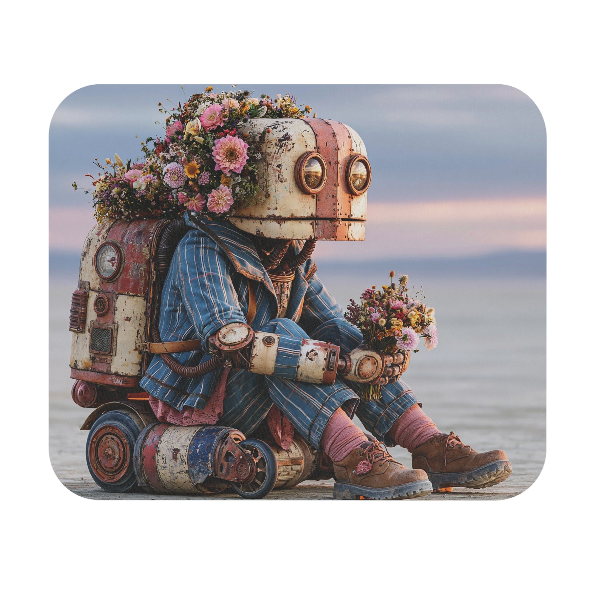 Robot with Flowers Mouse Pad — Cute Vintage Robot Desk Mat