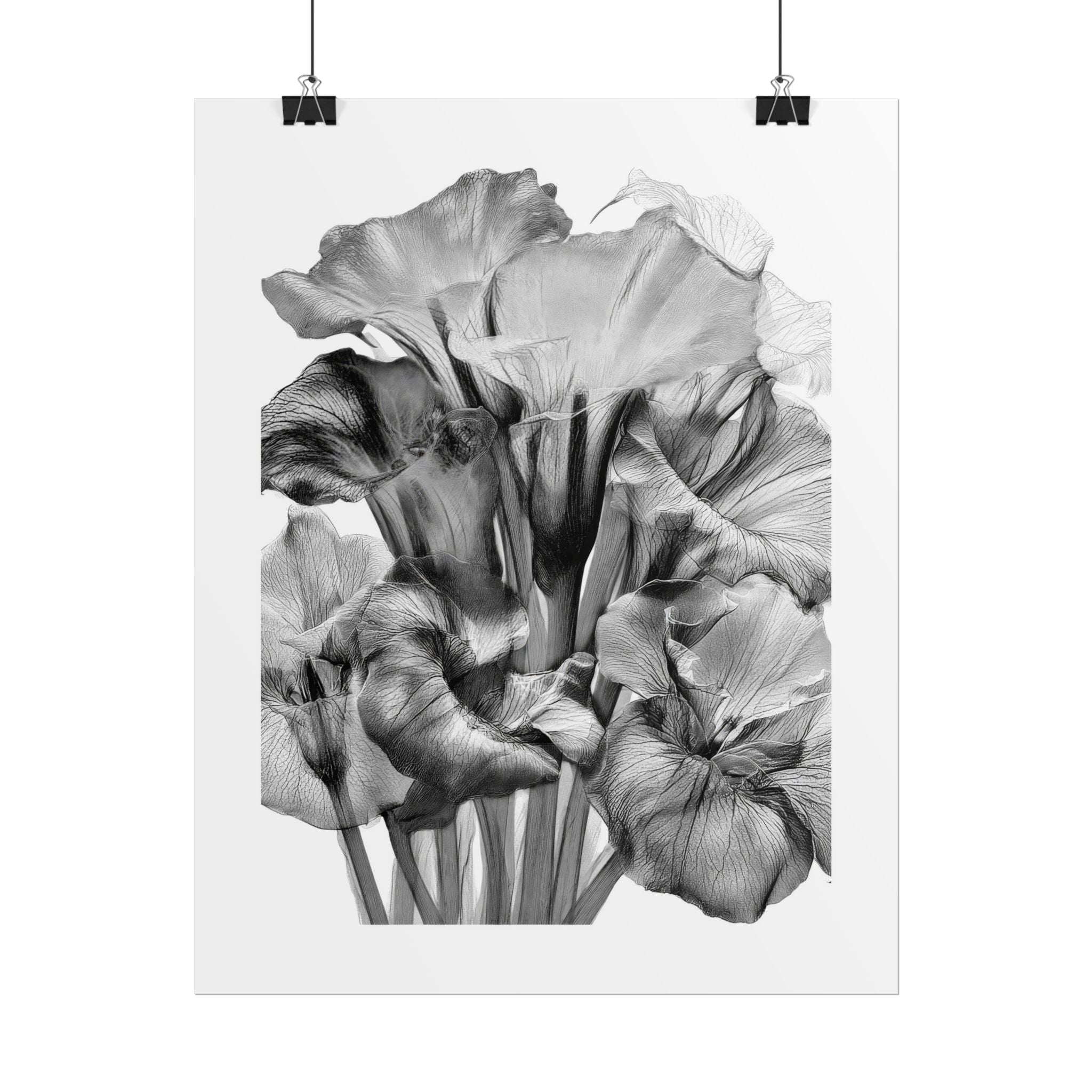 Black & White Iris Botanical Poster — Monochrome Floral Wall Art (Rolled Poster)