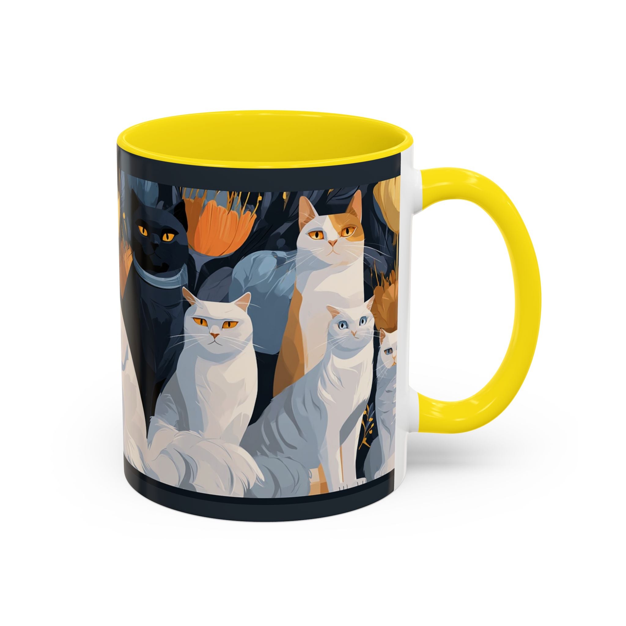 Cat Pattern Accent Coffee Mug — Illustrated Cats Floral Night Design (11/15oz)