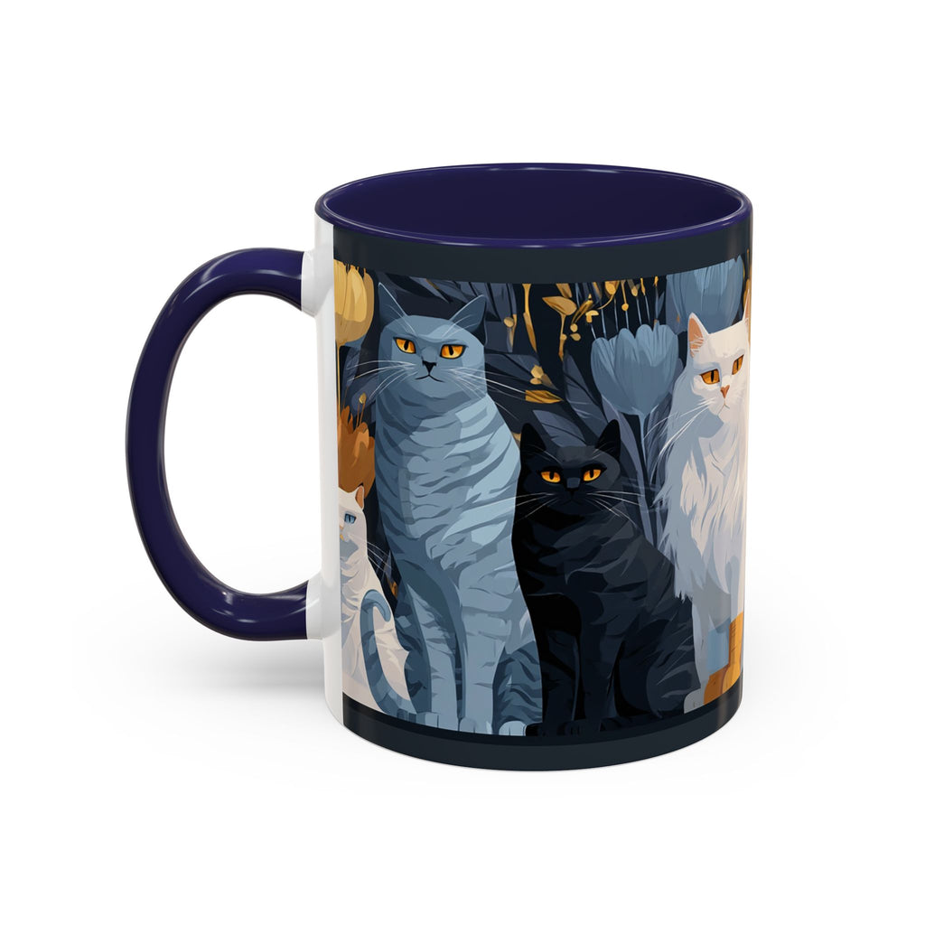 Cat Pattern Accent Coffee Mug — Illustrated Cats Floral Night Design (11/15oz)