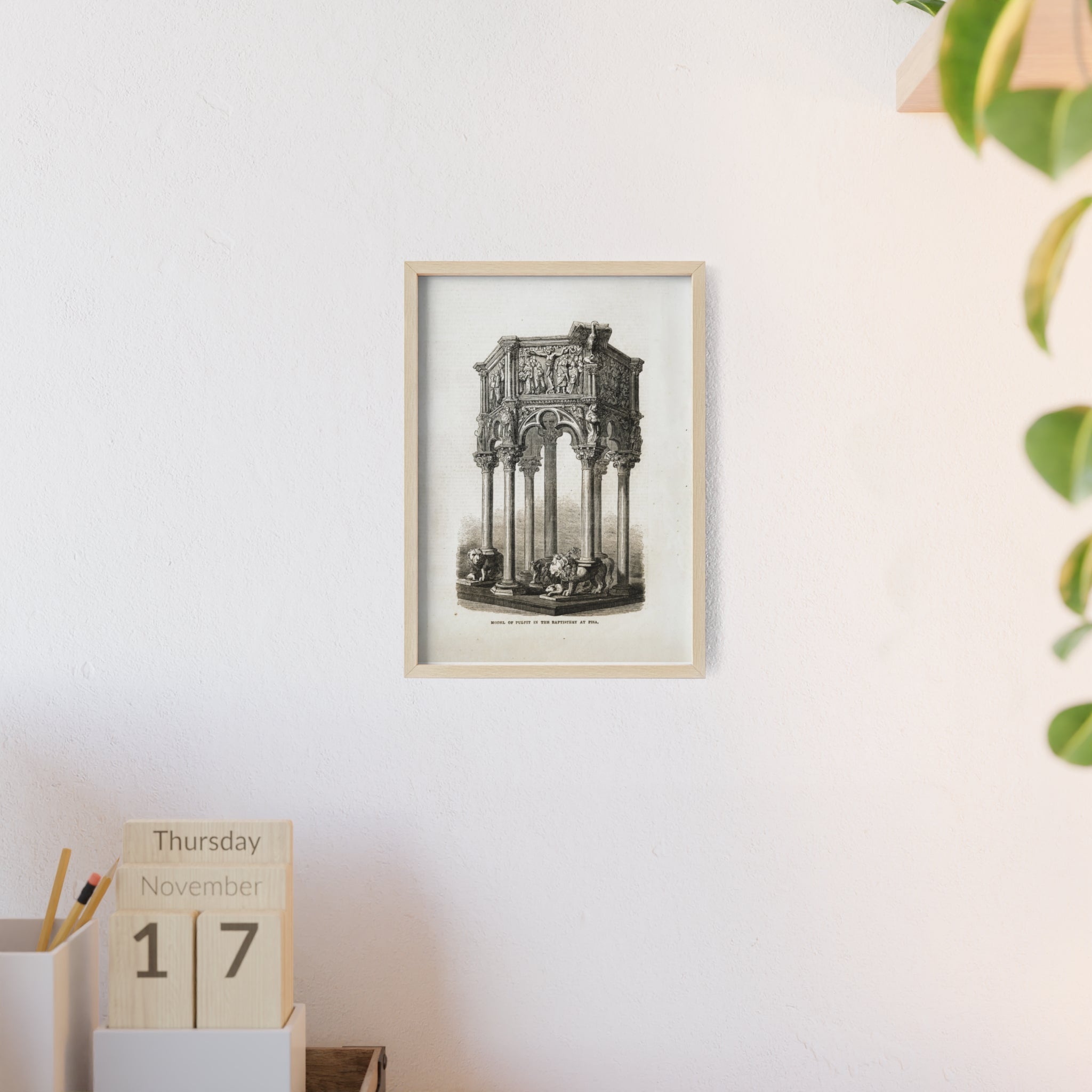Model of Pulpit in the Baptistery at PISA. Antique Architectural Print Poster — Gothic Baptistery Illustration in Wooden Frame