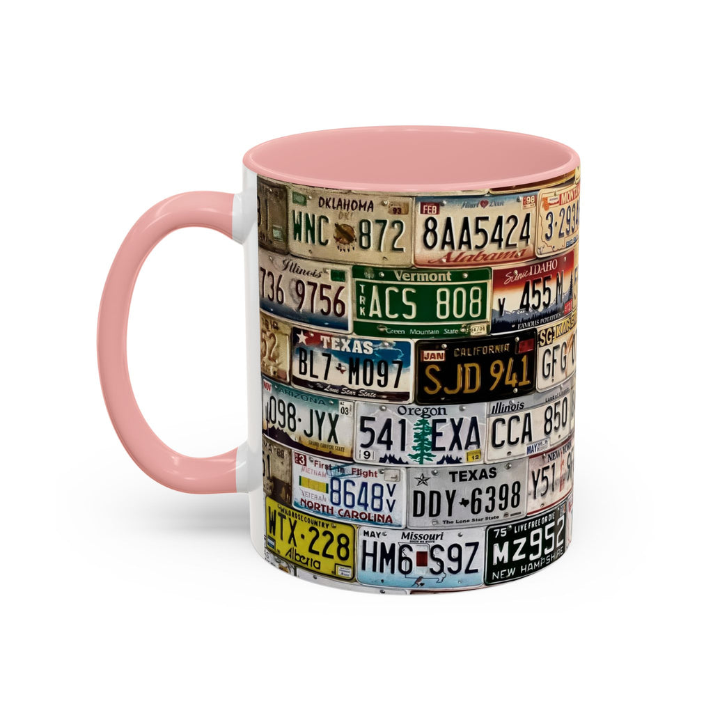License Plate Collage Coffee Mug — Route 66, Vintage Road Trip Accent Mug
