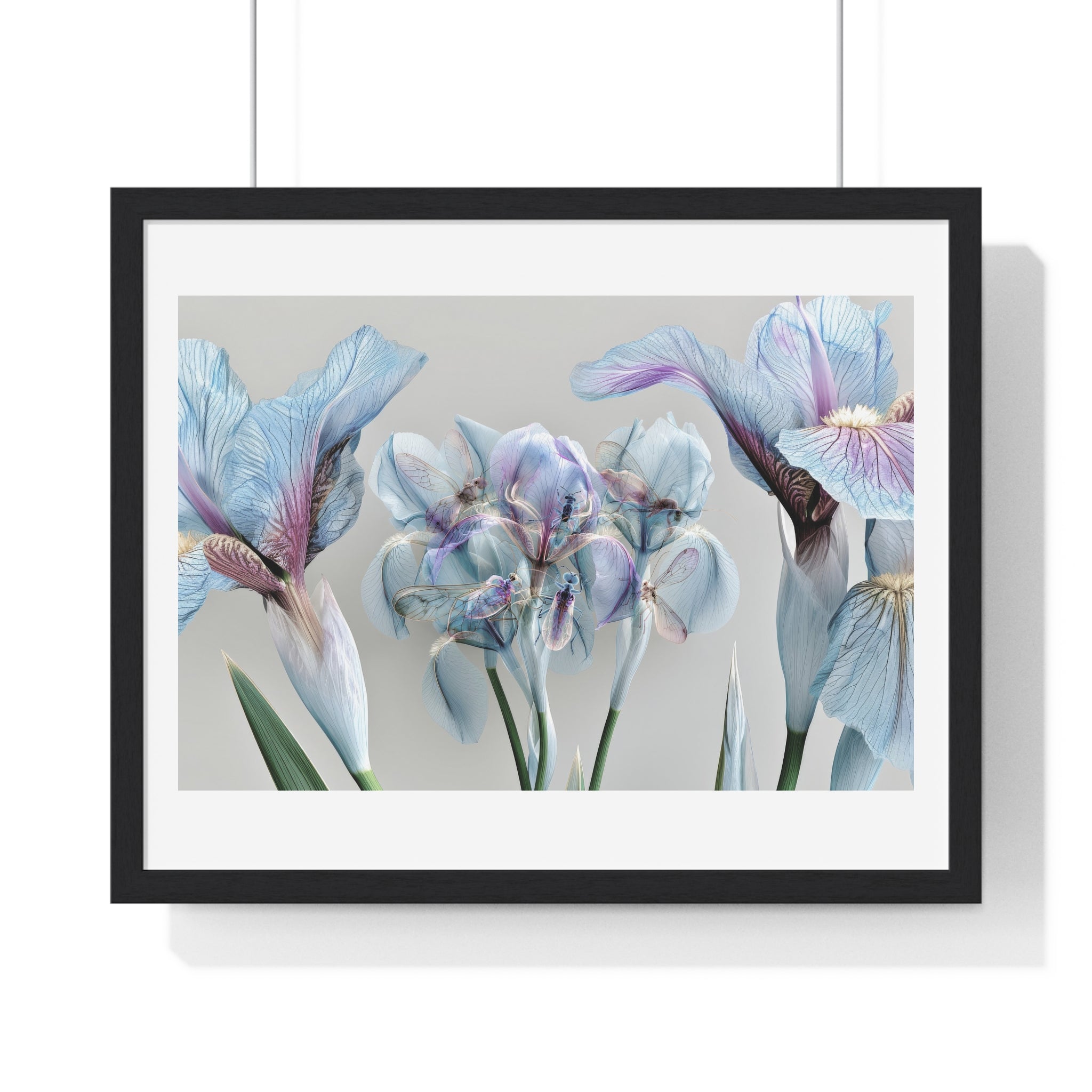 Botanical Iris Framed Poster — Soft Blue Floral Wall Art (Horizontal)