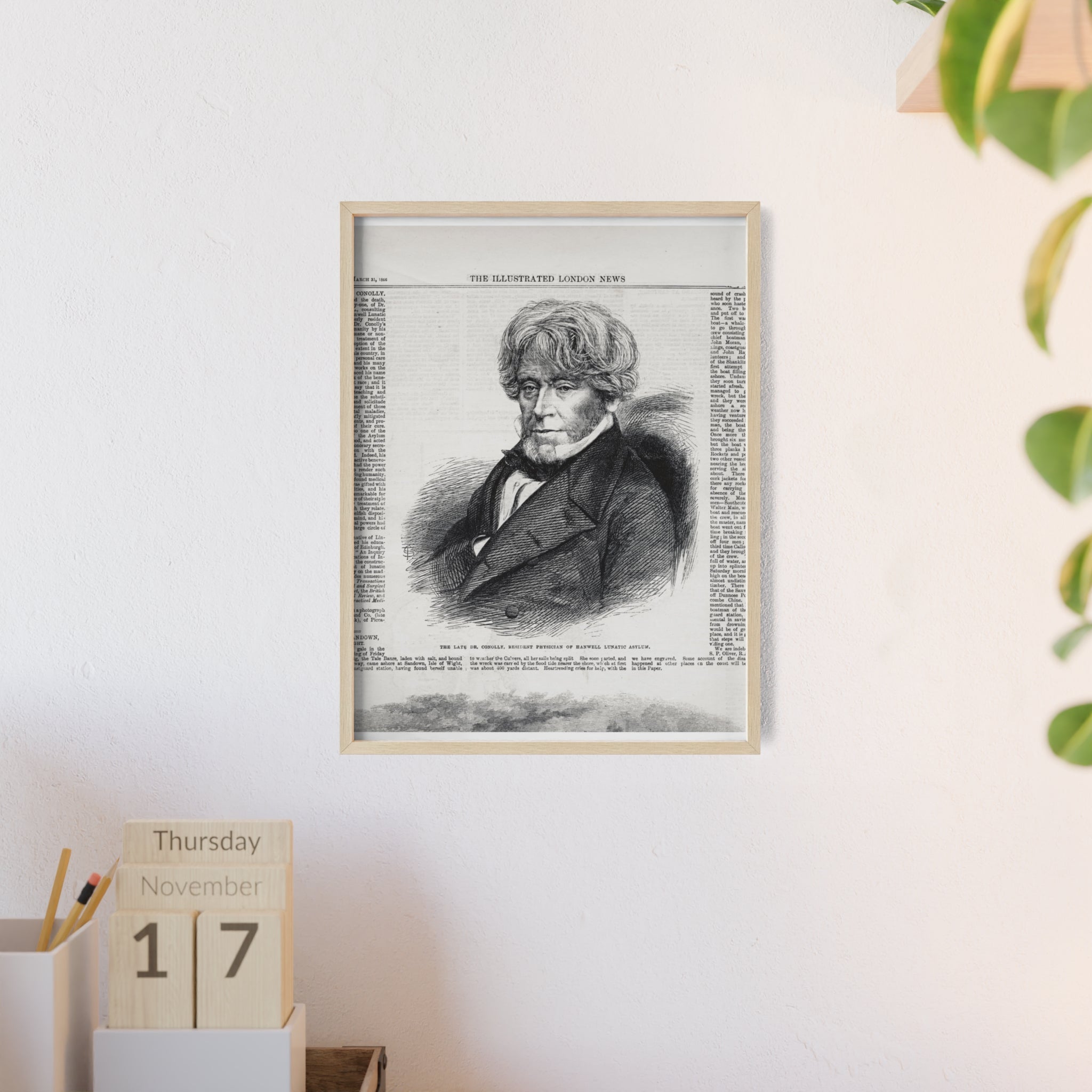 Dr. Conolly, Resident Physician of Hanwell Lunatic Asylum. Framed Vintage Portrait Print — Antique Newspaper Illustration Poster