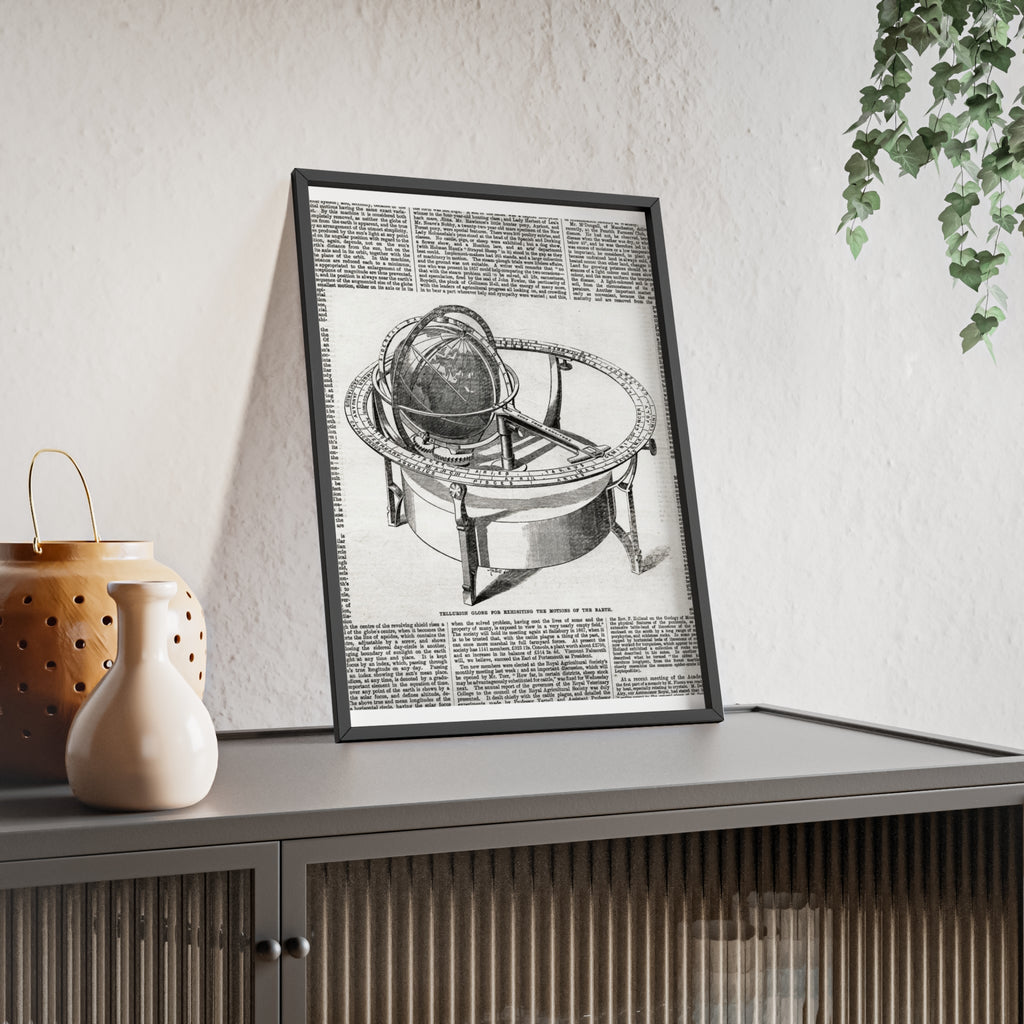 TELLURION GLOBE for Exhibiting the Motions of the Earth. Vintage Celestial Globe Poster with Wooden Frame — Antique Astronomy Wall Art