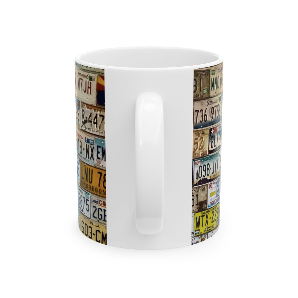 License Plate Collage Mug – Vintage Road Trip Coffee Cup (11oz/15oz)