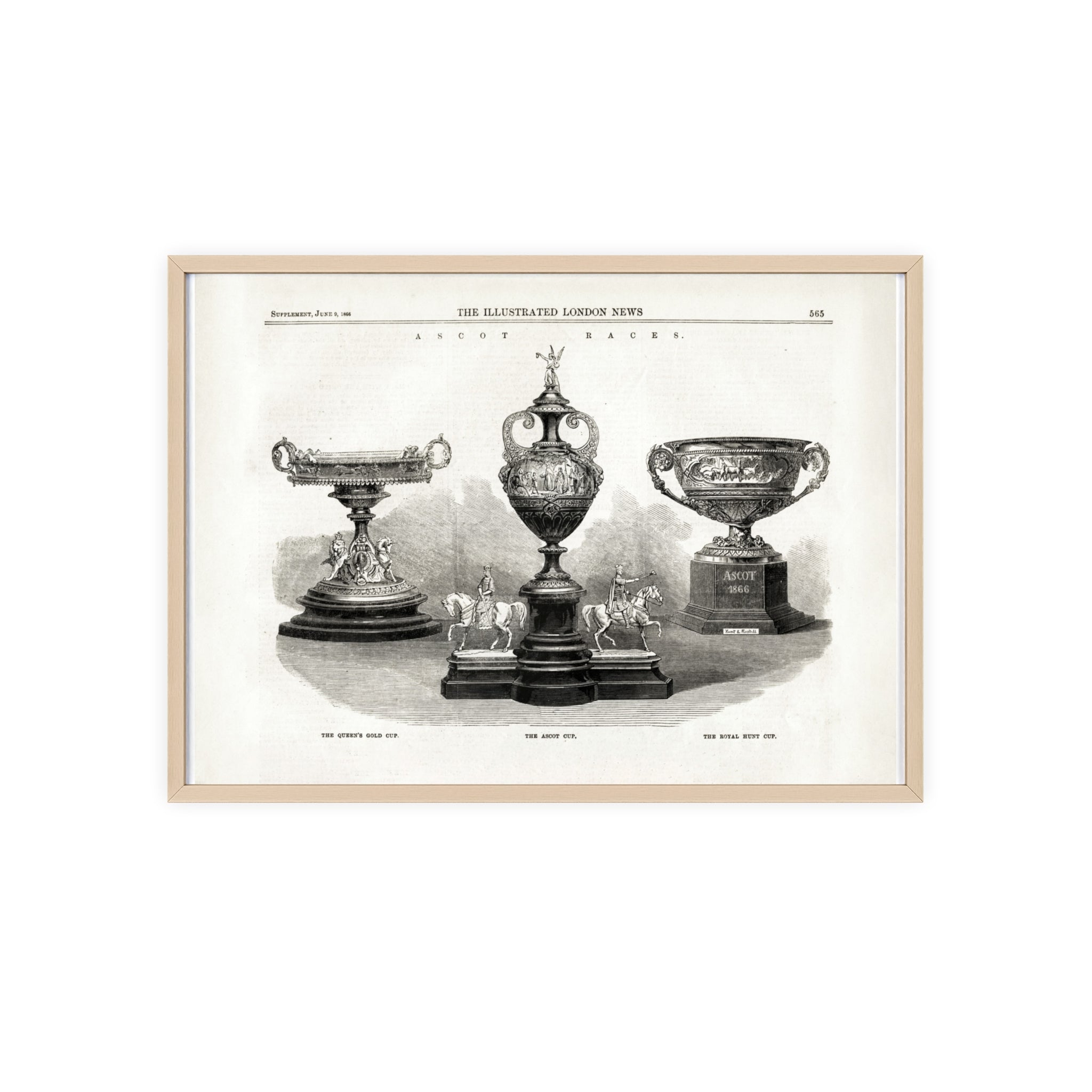 The ASCOT Races. Vintage Trophy Engraving Poster with Wooden Frame