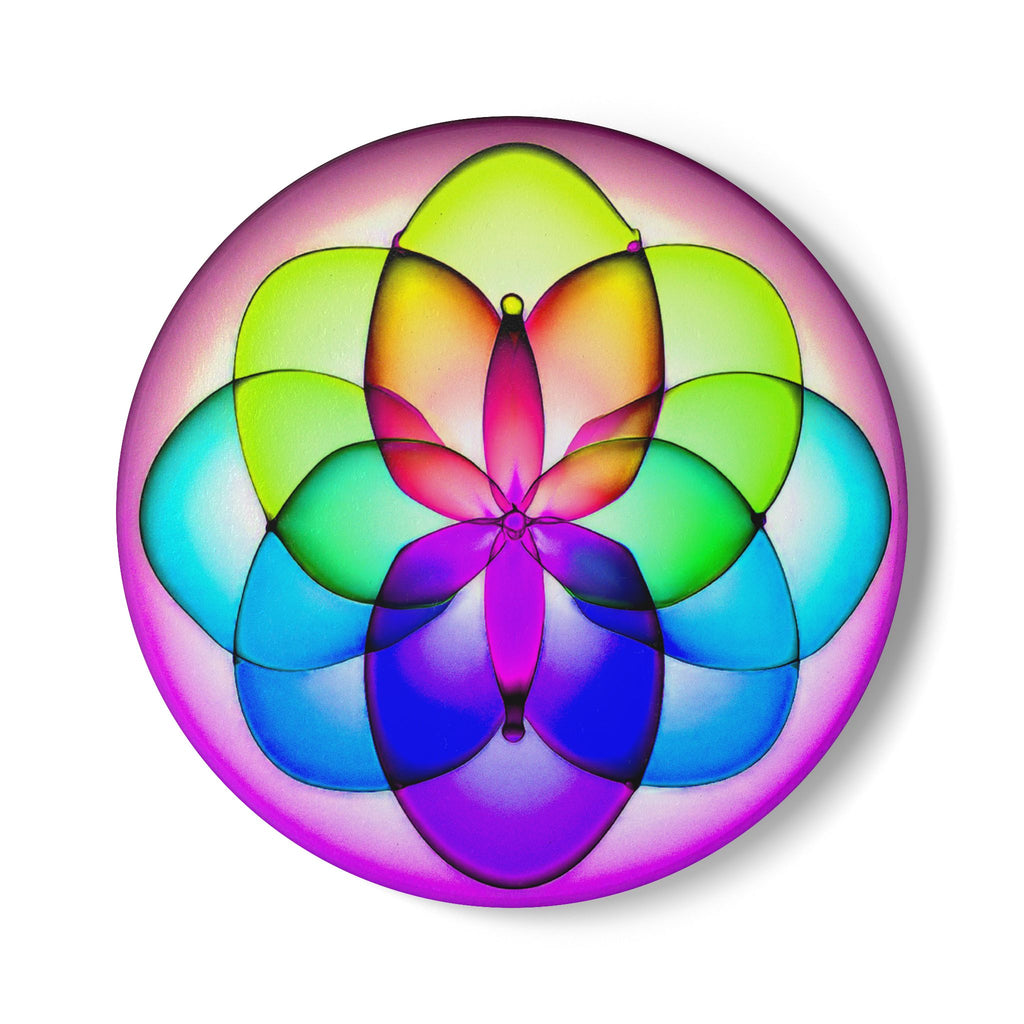 Rainbow Mandala Ceramic Coaster — Colorful Geometric Flower Drink Coaster