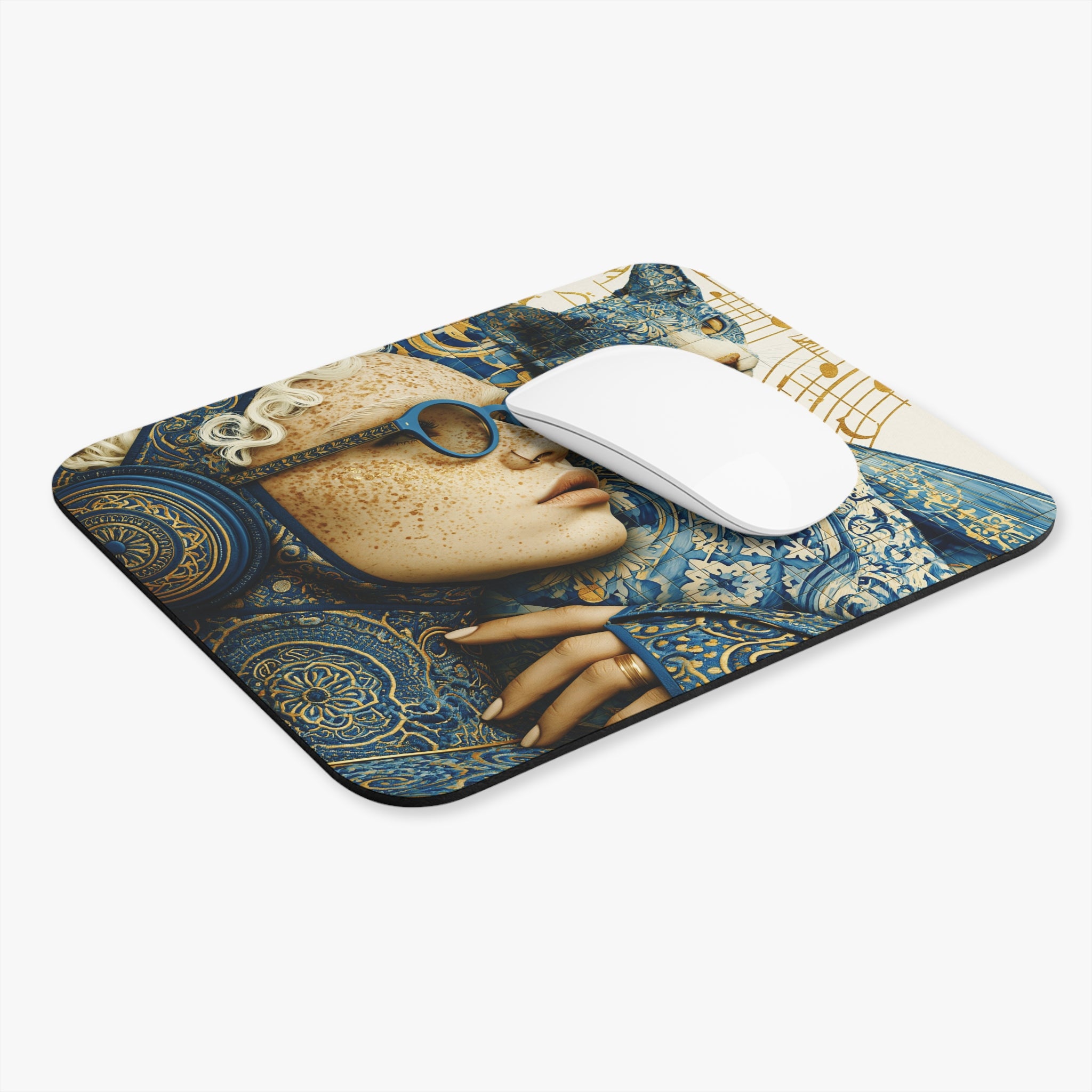Artistic Blue Cat & Woman Mouse Pad — Decorative Desk Mat
