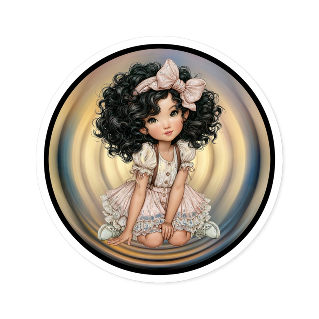 Cute Curly-Haired Doll Round Sticker — Indoor/Outdoor Vinyl Laptop Decal