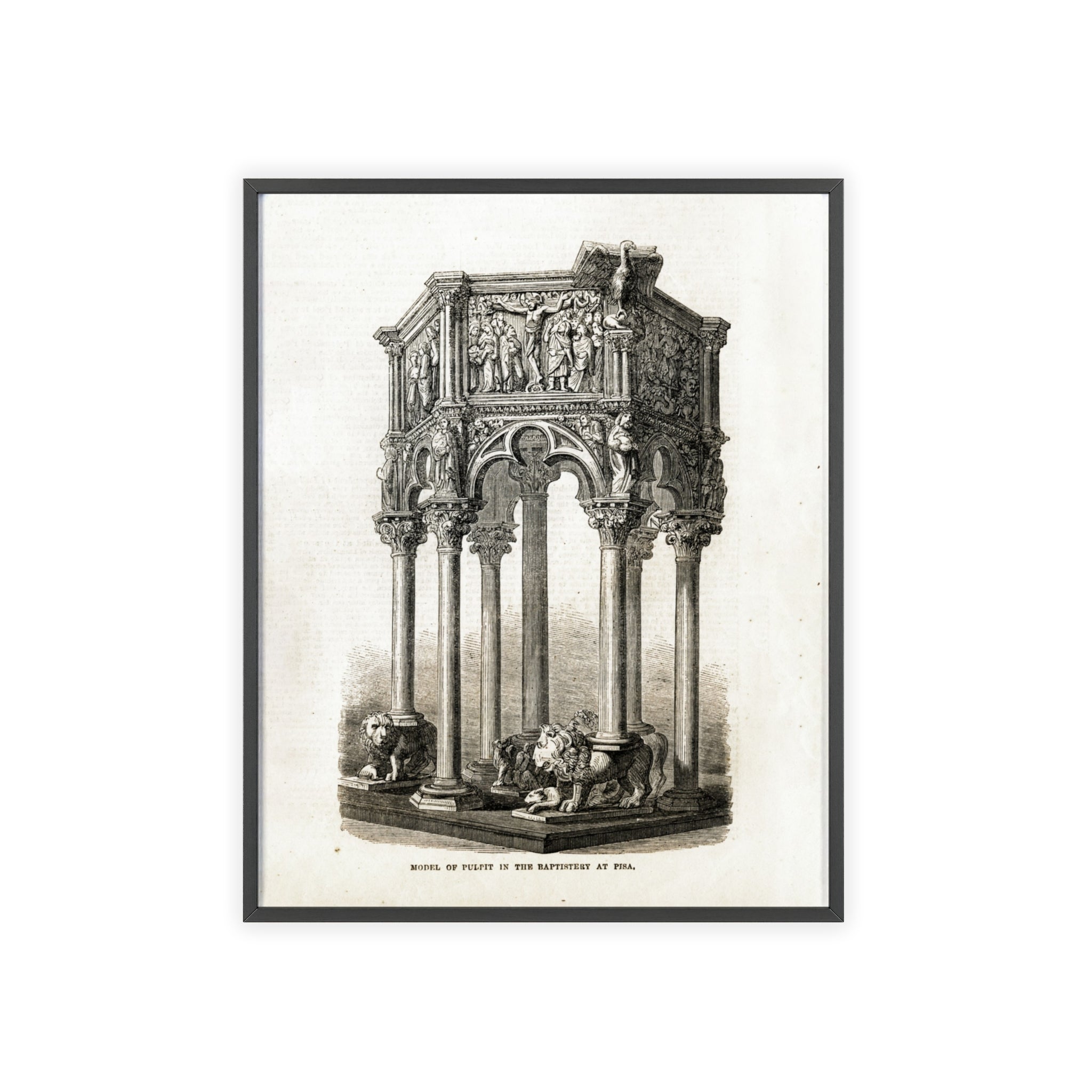 Model of Pulpit in the Baptistery at PISA. Antique Architectural Print Poster — Gothic Baptistery Illustration in Wooden Frame