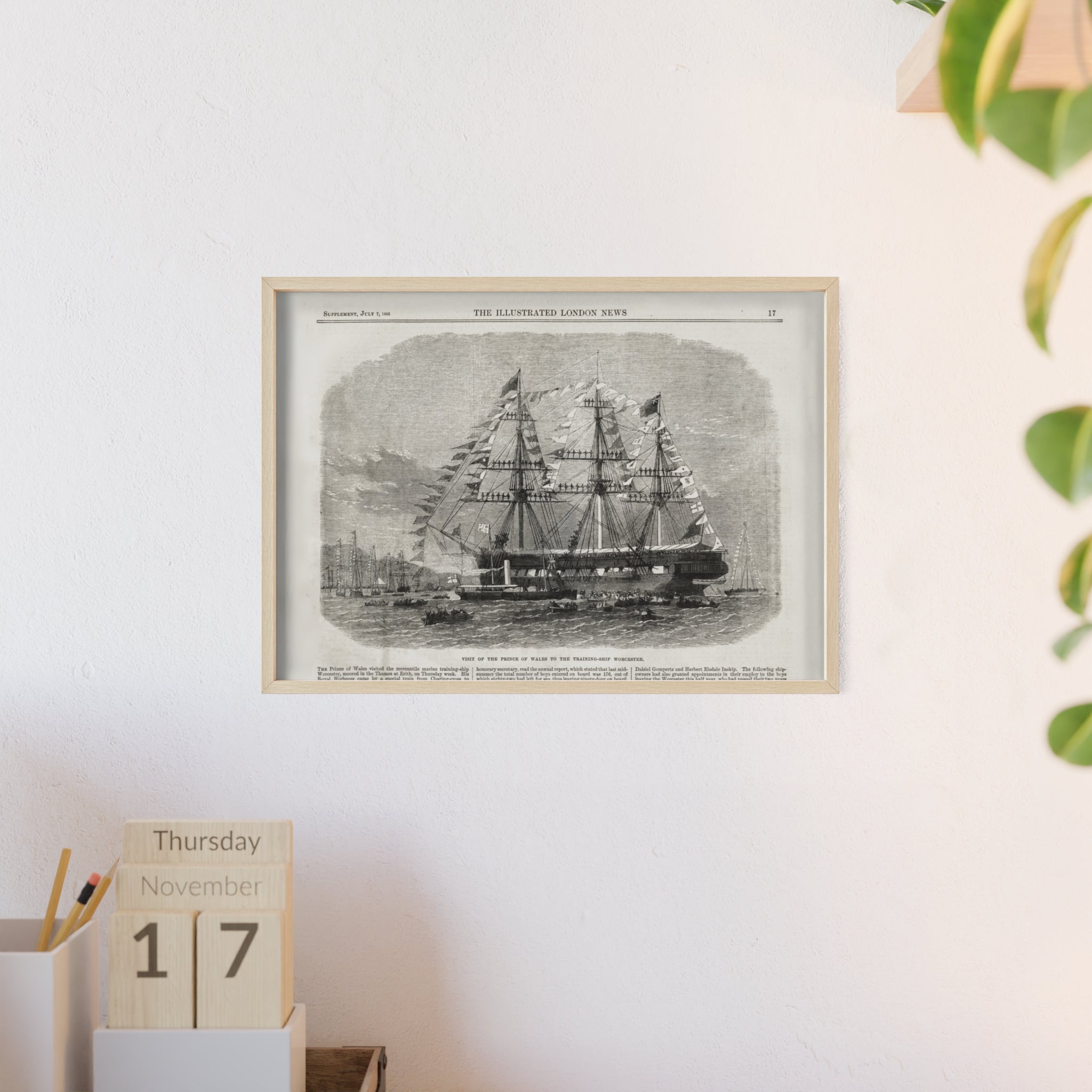 Visit of the Prince of Wales to the Training-Ship Worcester. Framed Vintage Sailing Ship Poster — Nautical Wall Art with Wooden Frame