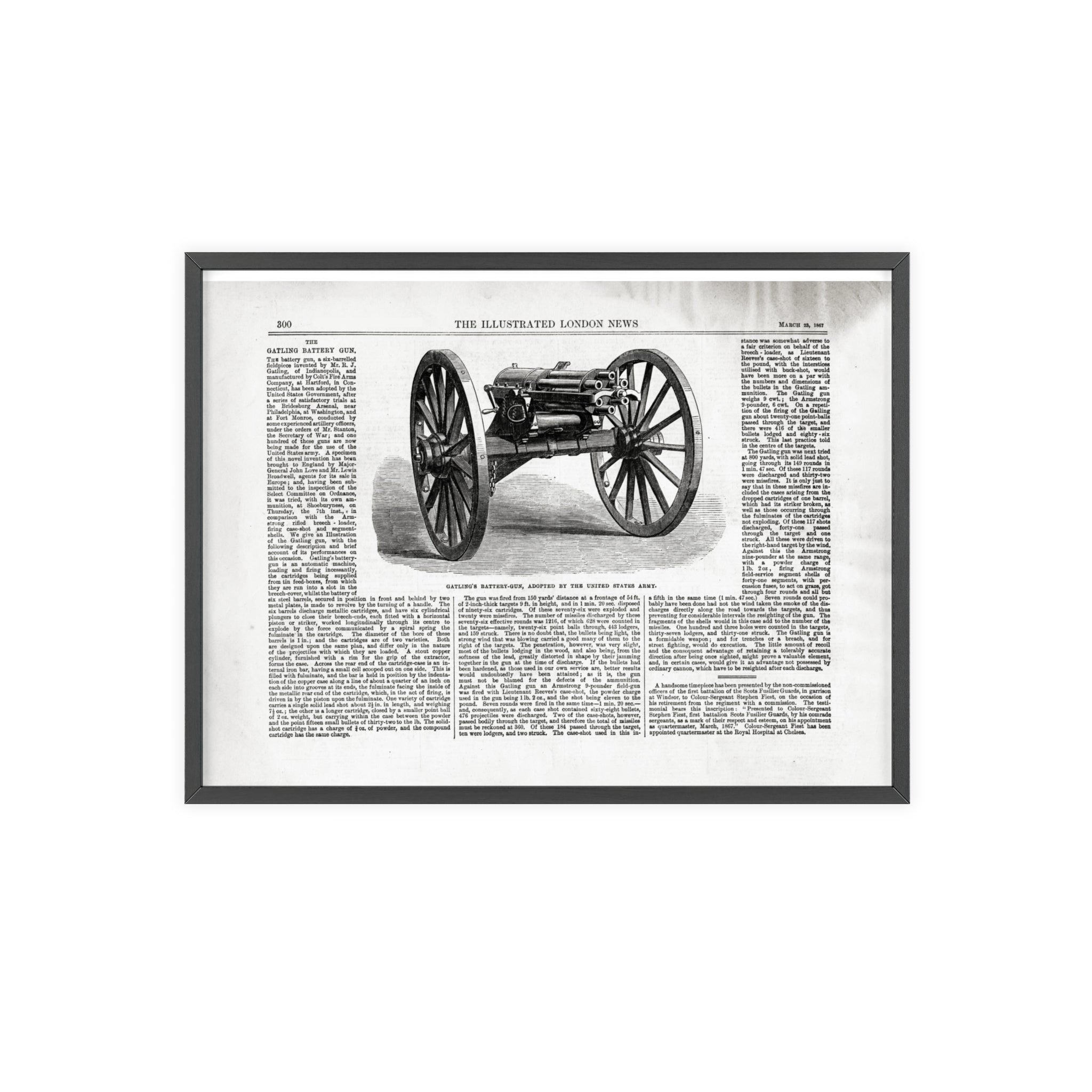 GATLING'S Battery-Gun, adopted by the United States Army. Vintage Cannon Patent Poster with Wooden Frame – Antique Engineering Print