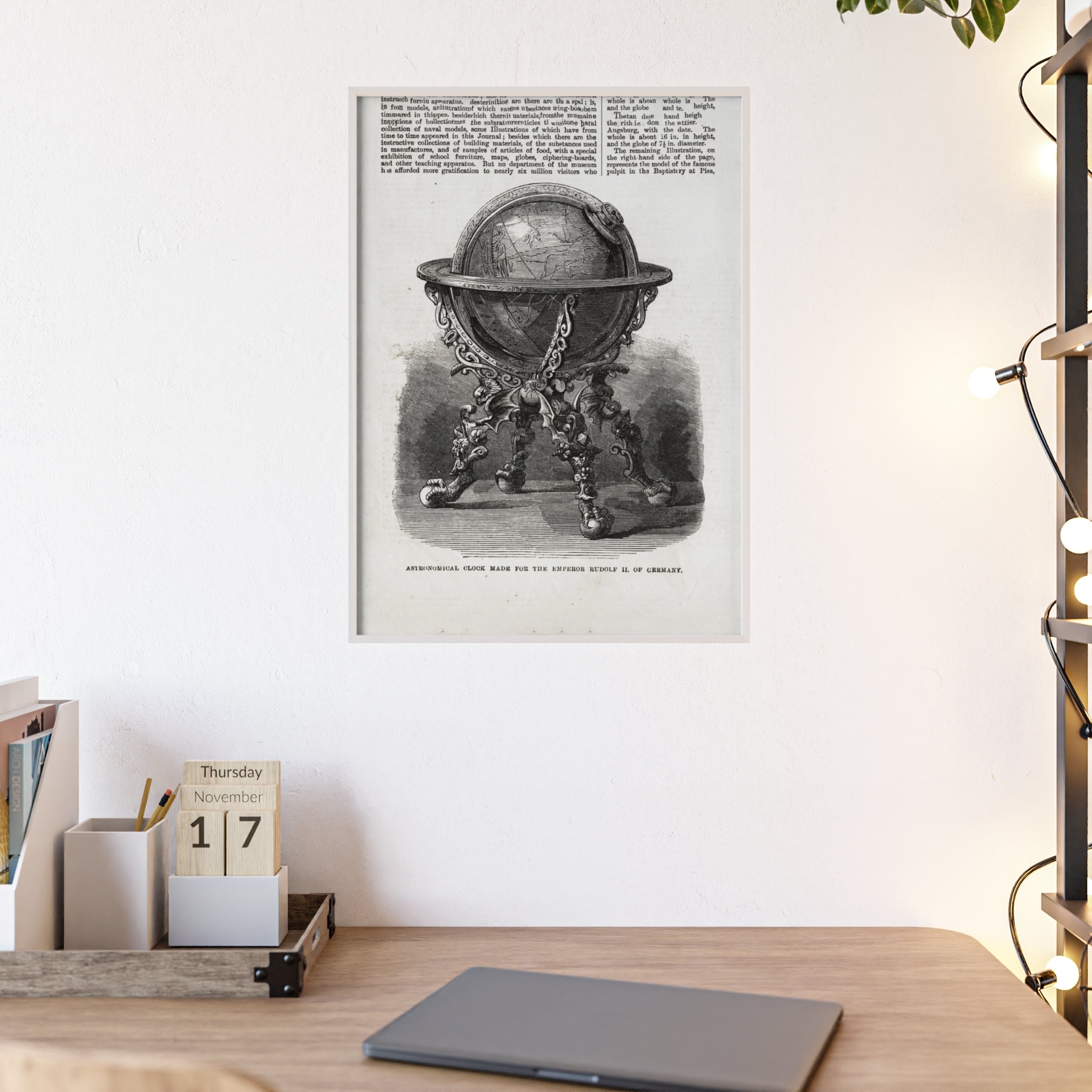 Astronomical Clock made for the Emperor RUDOLPH II, of Germany. Vintage Globe Illustration Poster with Wooden Frame — Antique Map Print