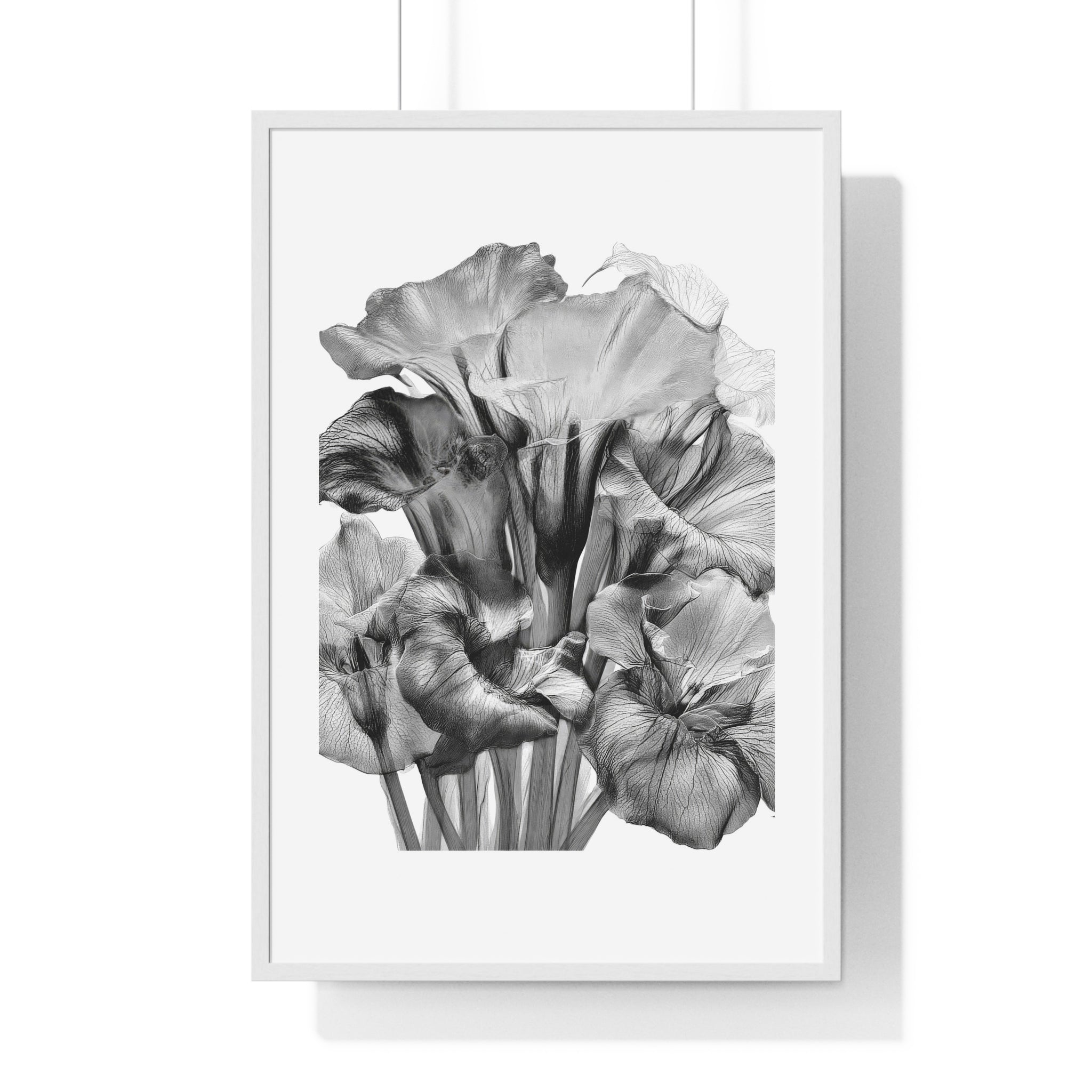 Monochrome Iris Floral Poster — Vertical Framed Wall Art