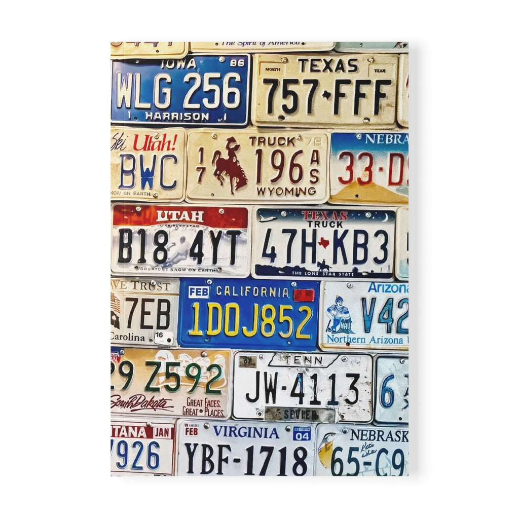 License Plate Collage A5 Notebook – Vintage Road Trip Journal