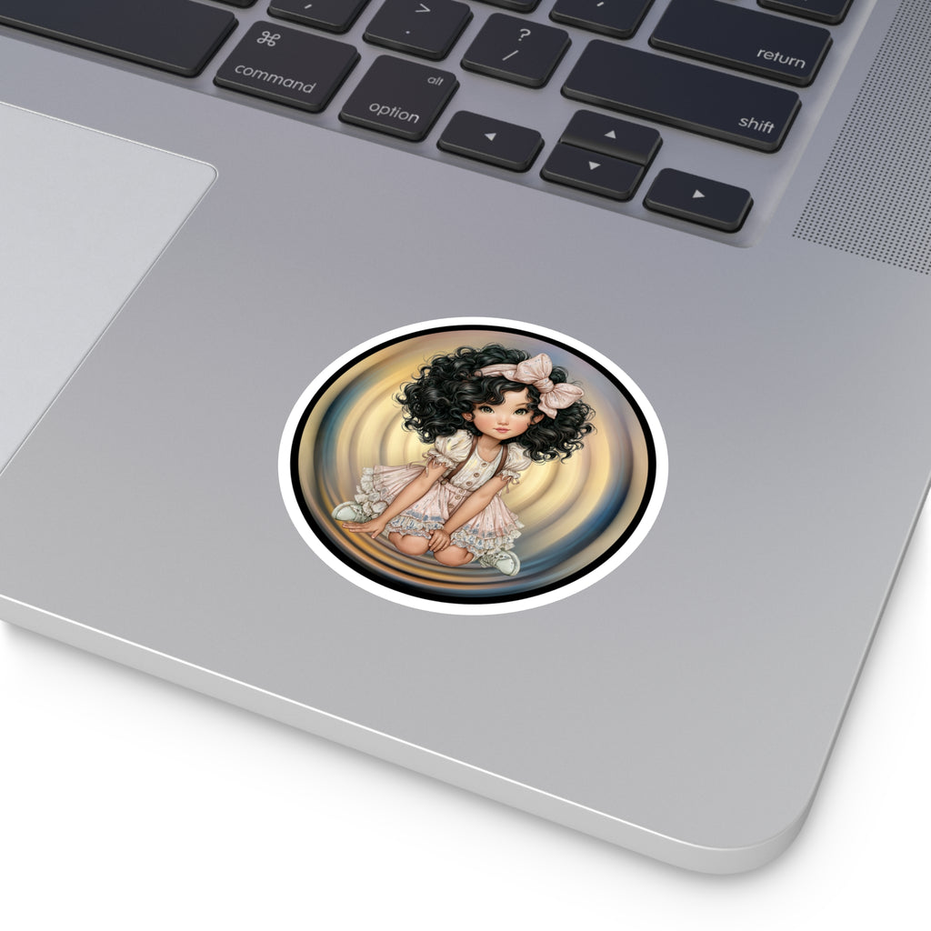 Cute Curly-Haired Doll Round Sticker — Indoor/Outdoor Vinyl Laptop Decal
