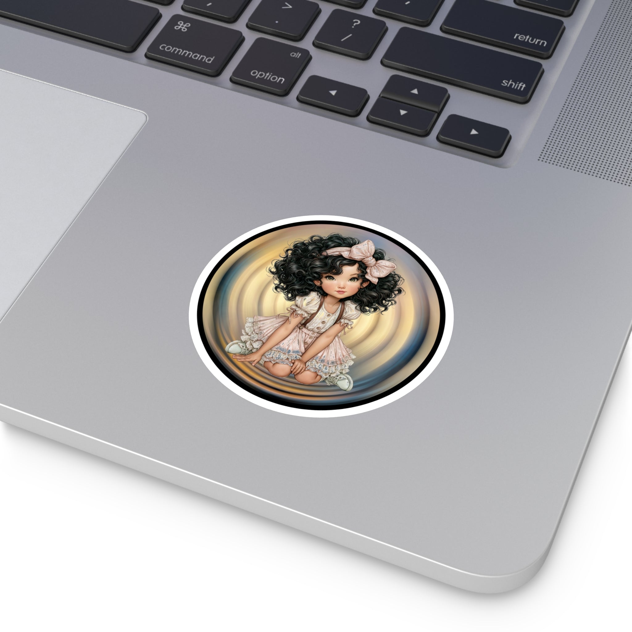 Cute Curly-Haired Doll Round Sticker — Indoor/Outdoor Vinyl Laptop Decal