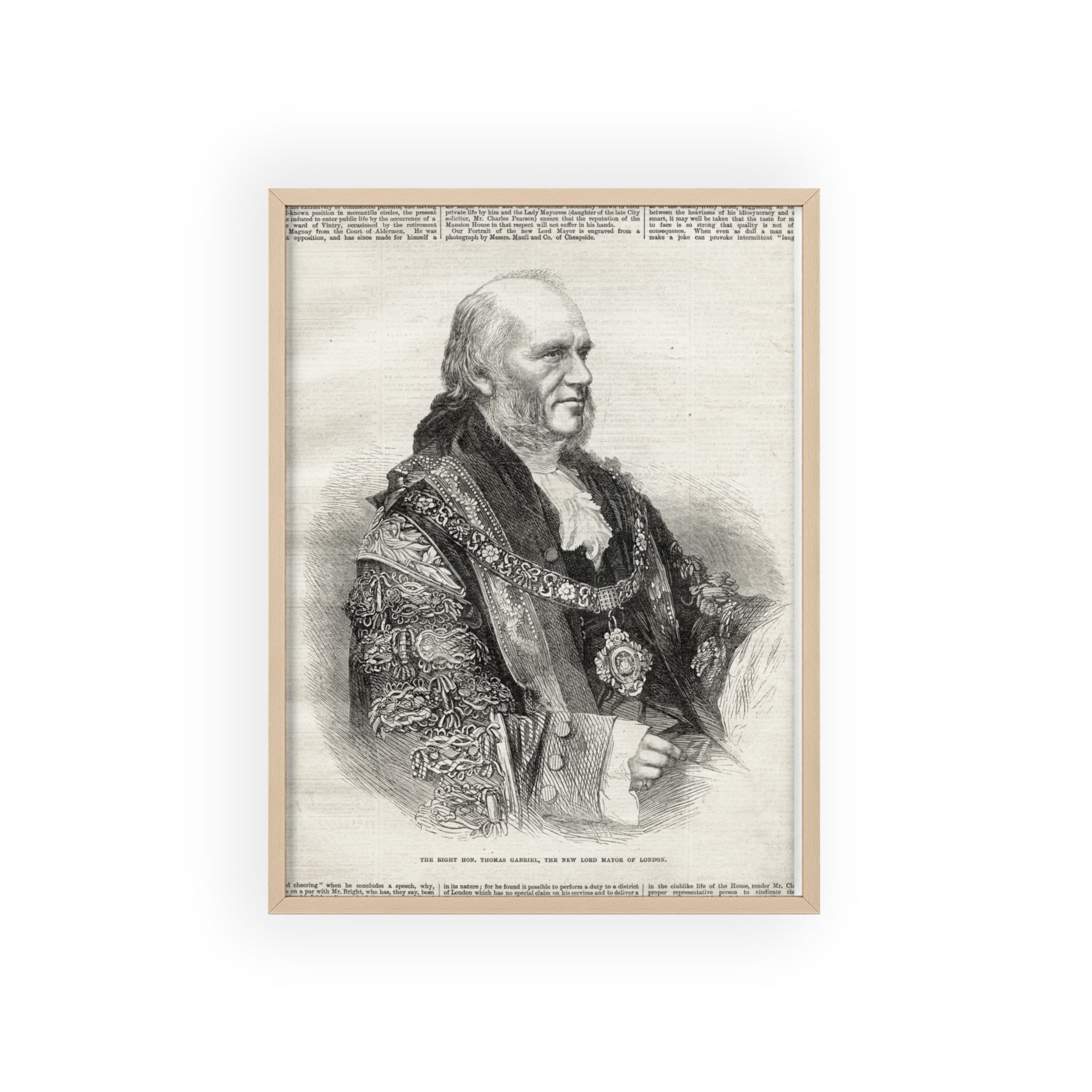 The Right Hon.Thomas Gabriel, the New Lord Mayor of London. Vintage Illustrated Statesman Poster with Black Wooden Frame