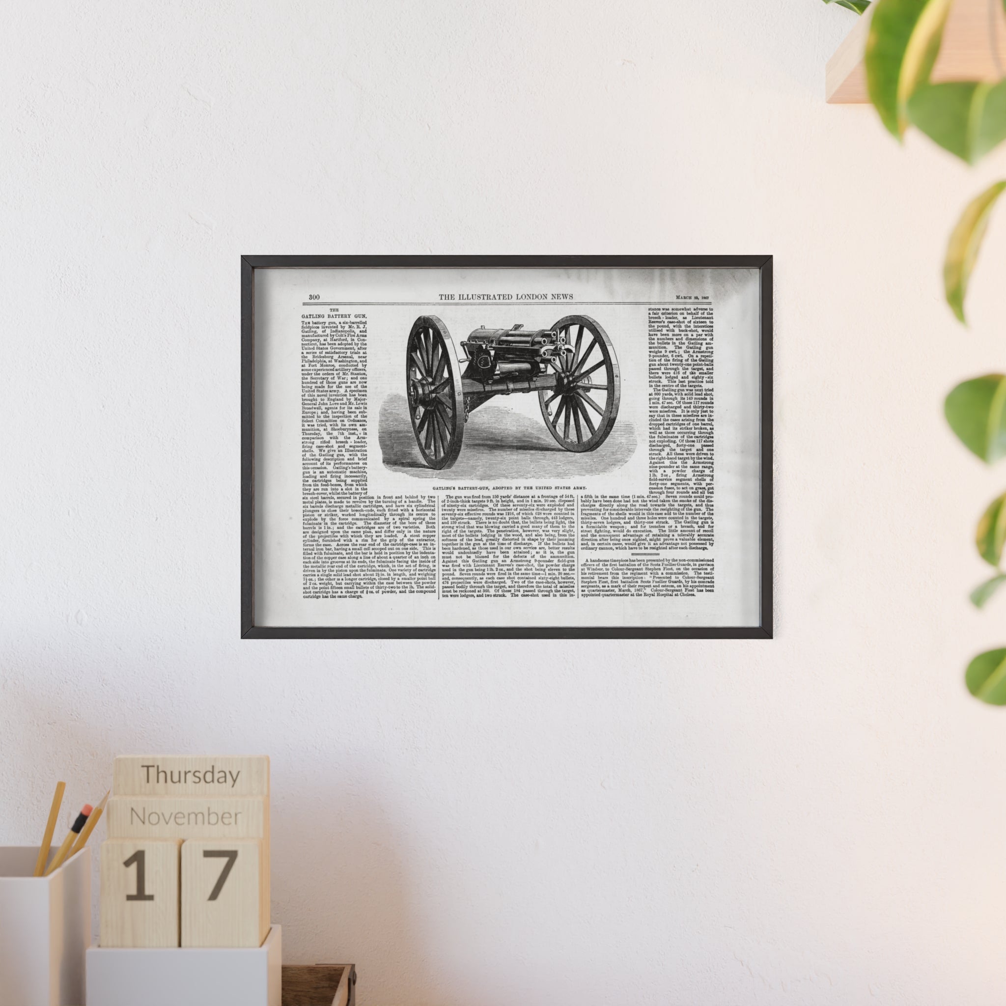 GATLING'S Battery-Gun, adopted by the United States Army. Vintage Cannon Patent Poster with Wooden Frame – Antique Engineering Print