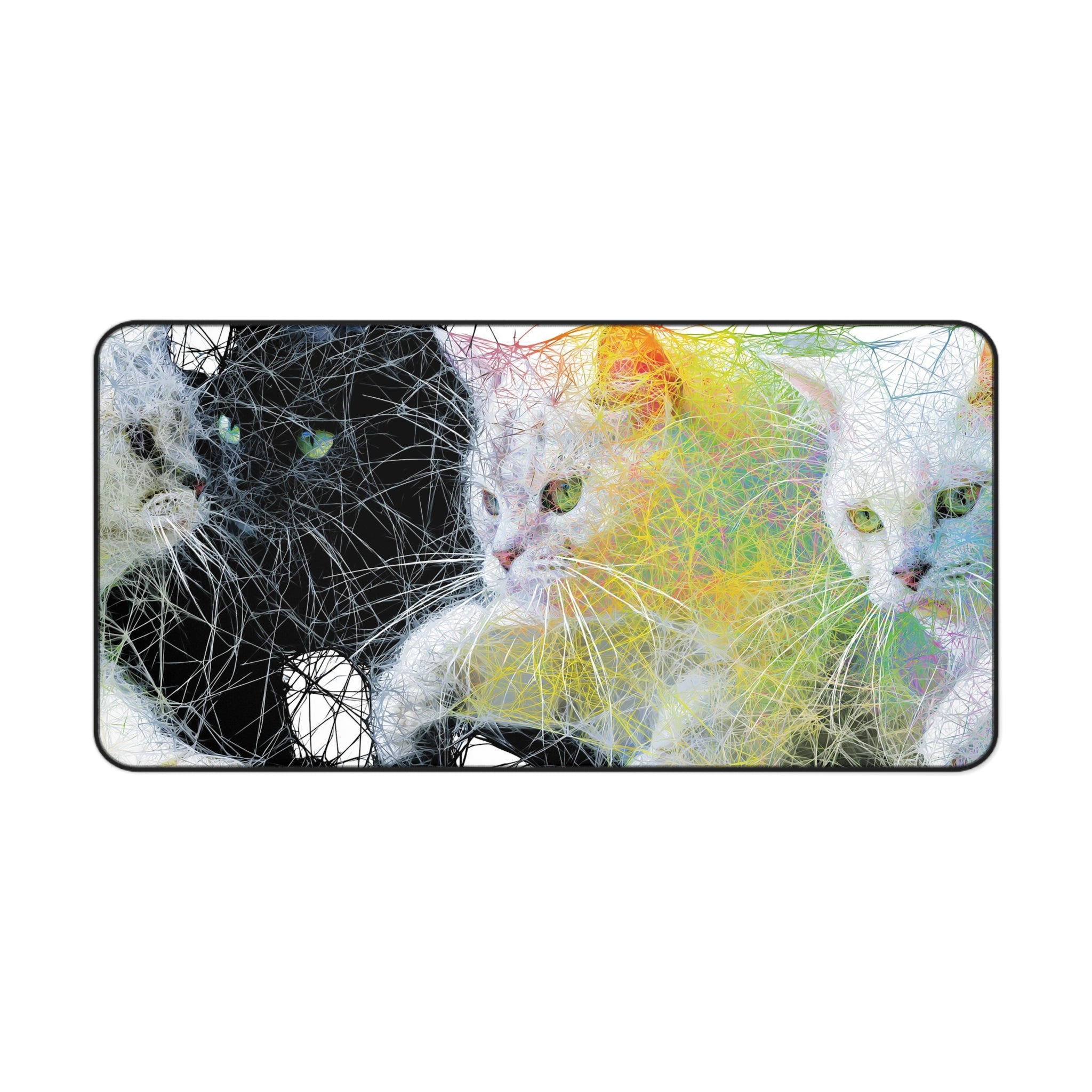 Cat Trio Abstract Art Desk Mat — Colorful Whisker Wave Mouse Pad