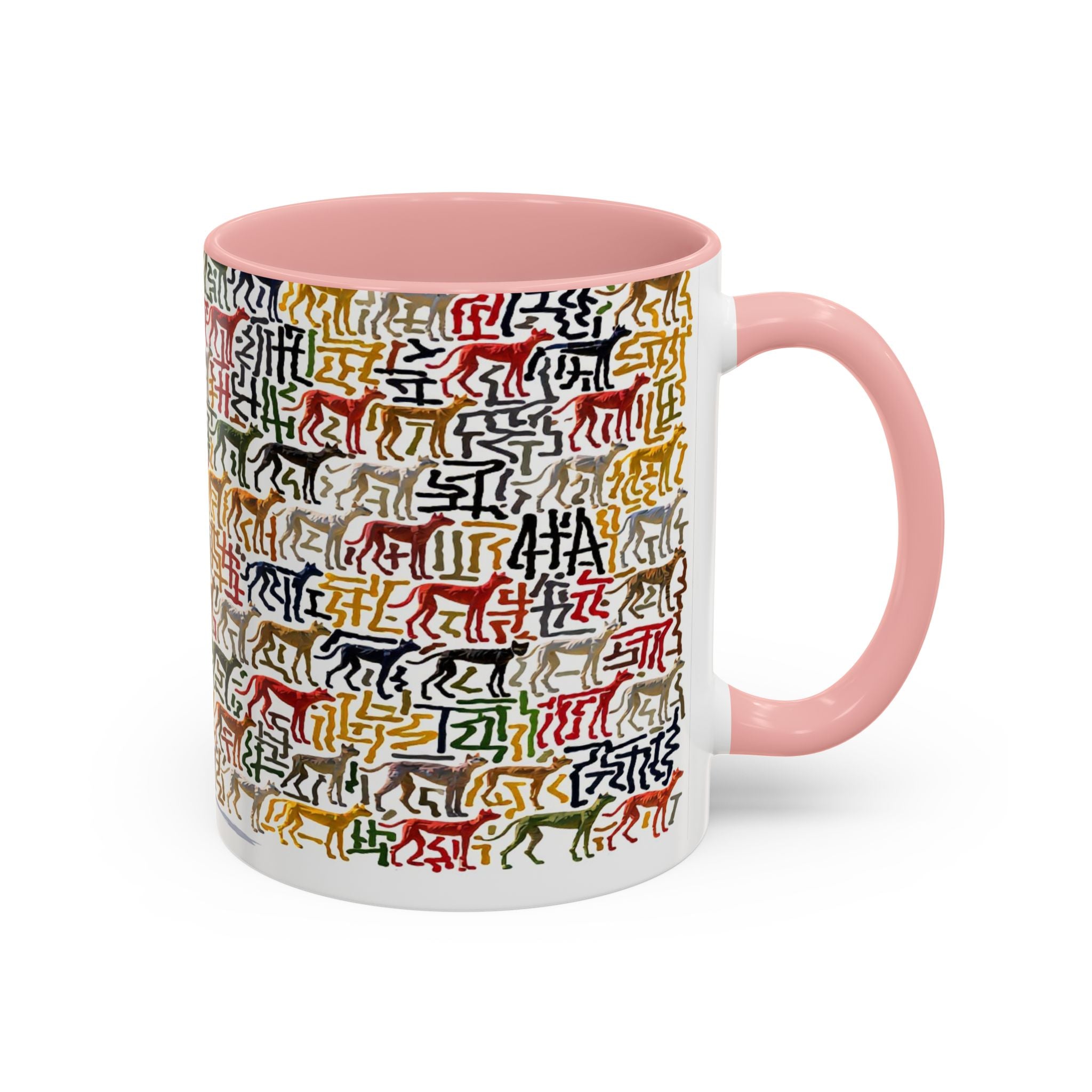 Greyhound Silhouette Accent Coffee Mug — Colorful Script Dog Pattern (11/15oz)