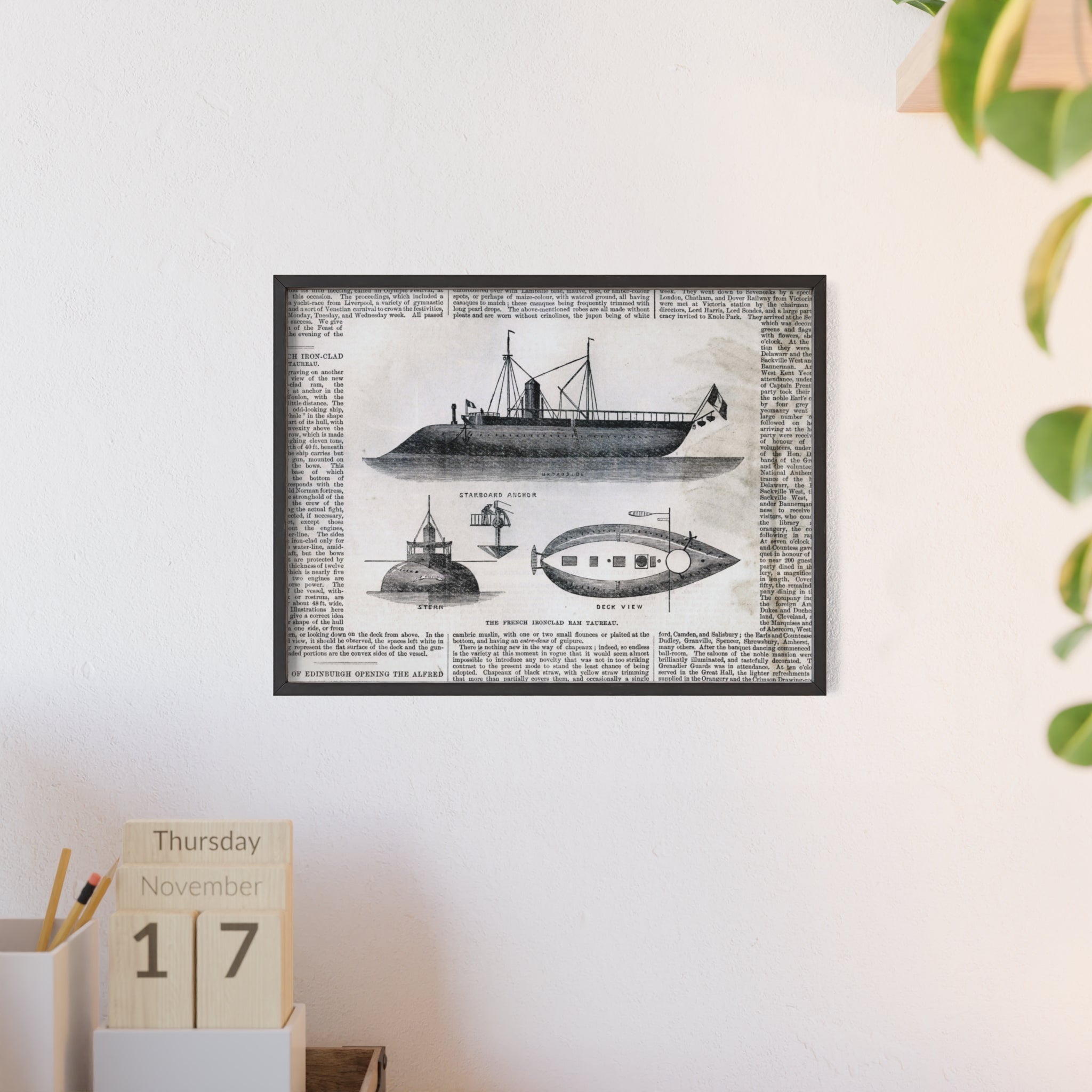 The French Ironclad RAM TAUREAU. Vintage Steamboat Patent Poster — Framed Nautical Wall Art