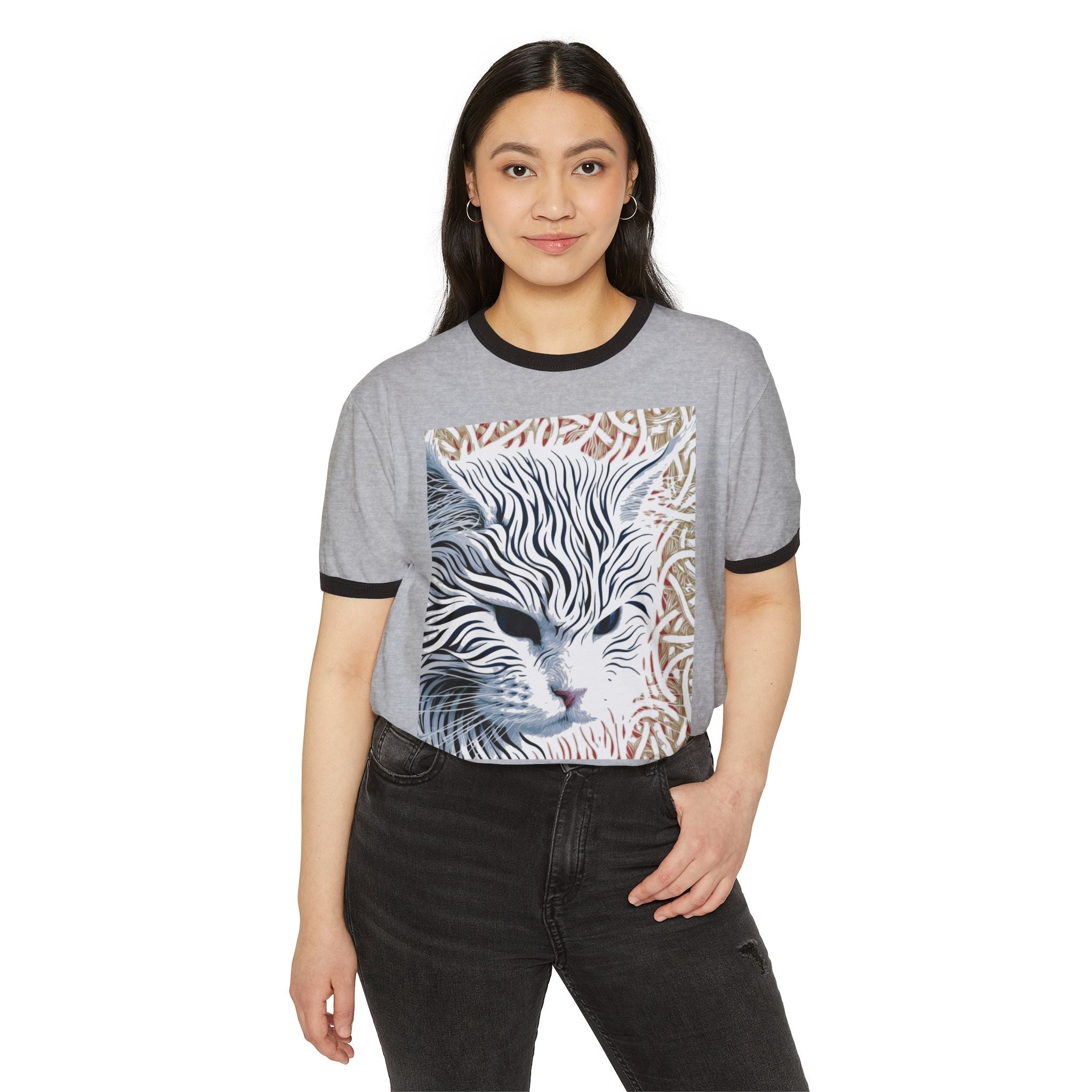 Cat Portrait Ringer Tee — Stylized Stripe-Faced Cat Graphic T-Shirt