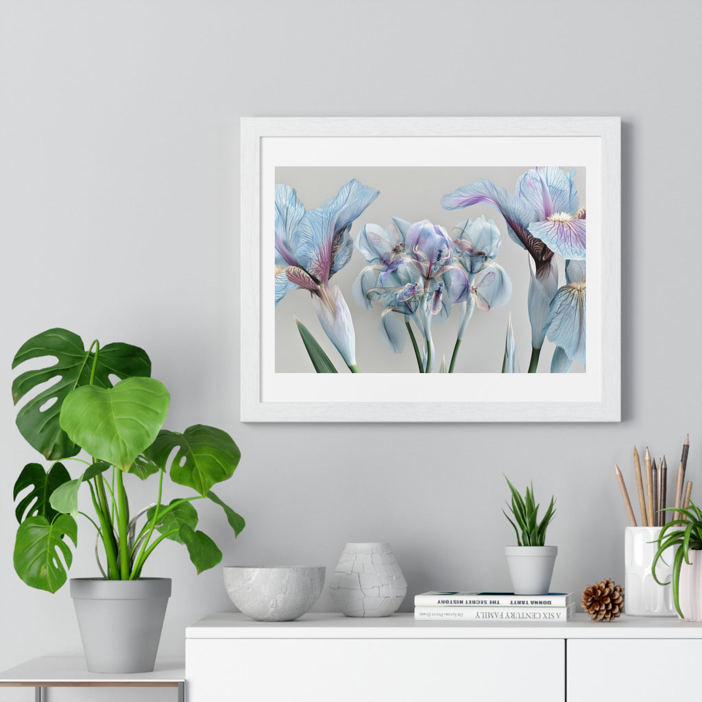 Botanical Iris Framed Poster — Soft Blue Floral Wall Art (Horizontal)