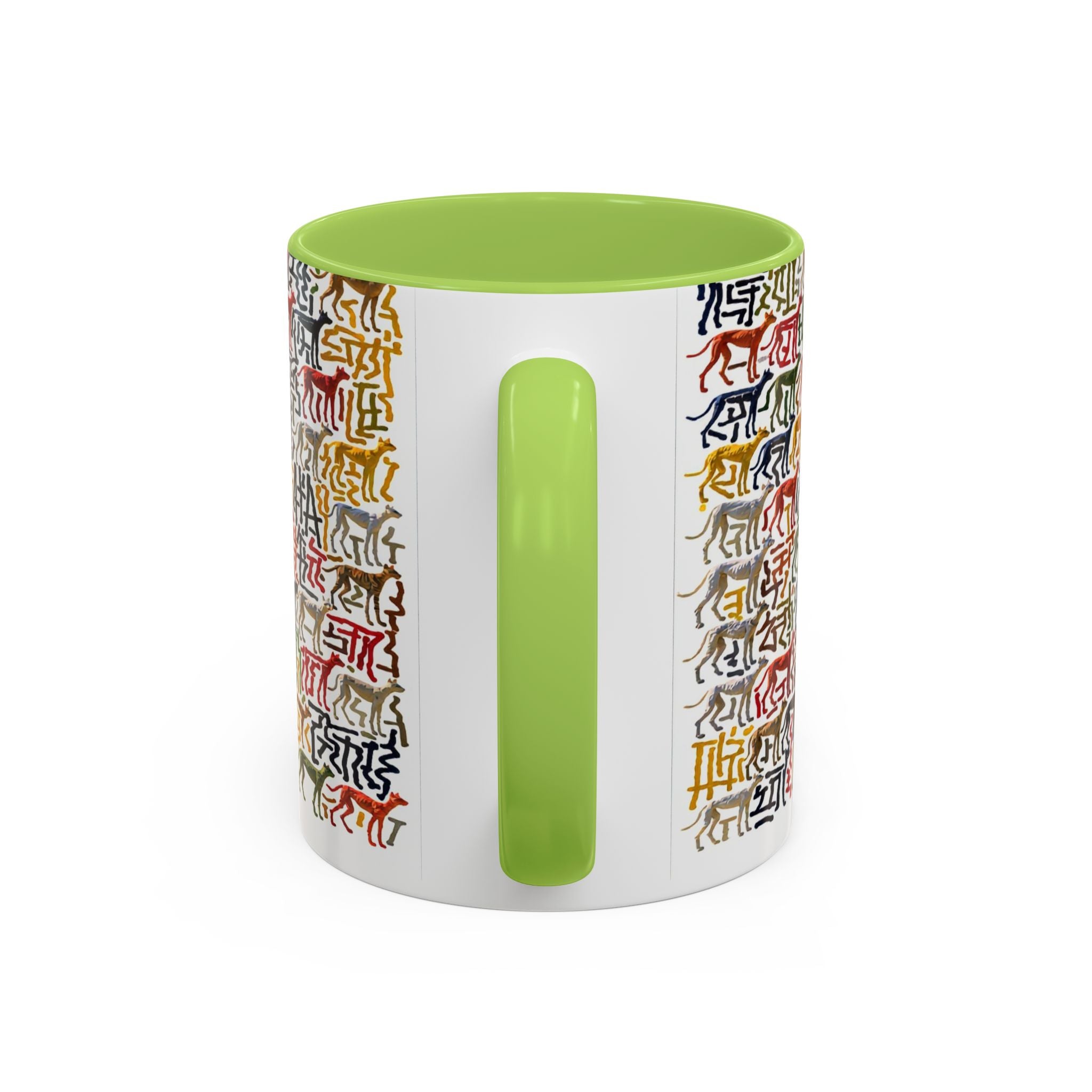Greyhound Silhouette Accent Coffee Mug — Colorful Script Dog Pattern (11/15oz)