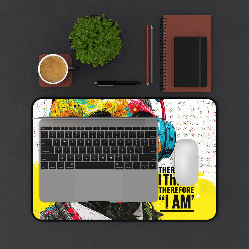 Colorful Skull Desk Mat — "I Doubt Therefore I Think I Am" Gaming Mouse Pad