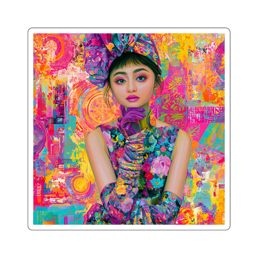 Vibrant Floral Portrait Square Sticker — Colorful Pop-Art Woman