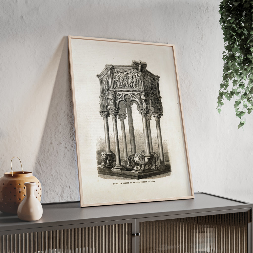 Model of Pulpit in the Baptistery at PISA. Antique Architectural Print Poster — Gothic Baptistery Illustration in Wooden Frame