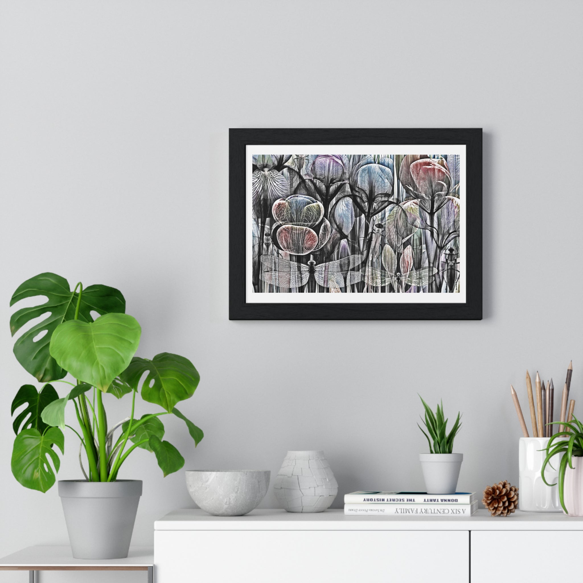 Framed Poster — Dreamy Botanical Dragonfly Art Print