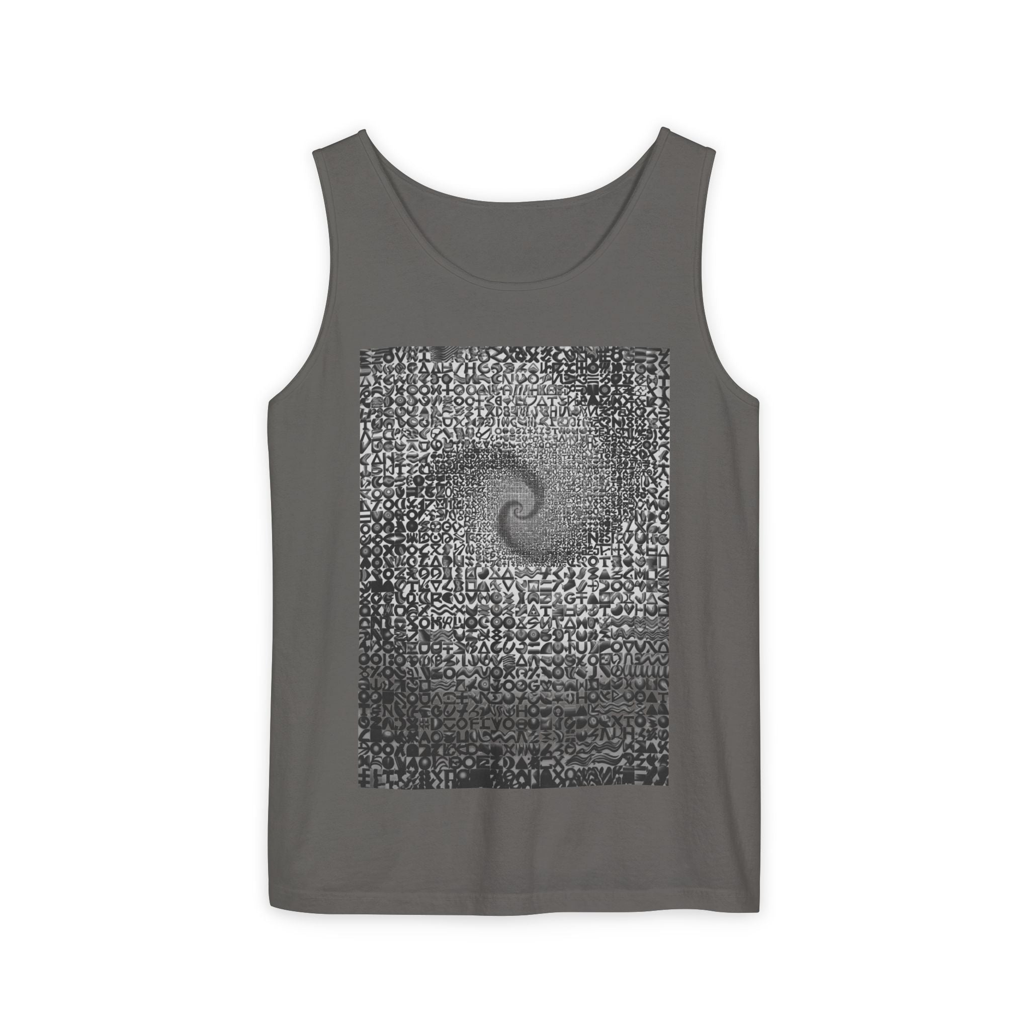 Spiral Text Art Tank Top — Monochrome Optical Typography Tee