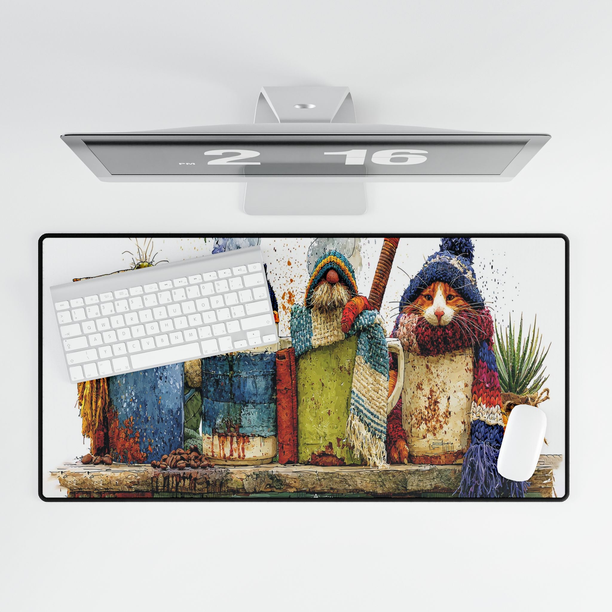 Whimsical Woodland Gnomes Desk Mat — Cozy Cat & Gnome Mouse Mousepad
