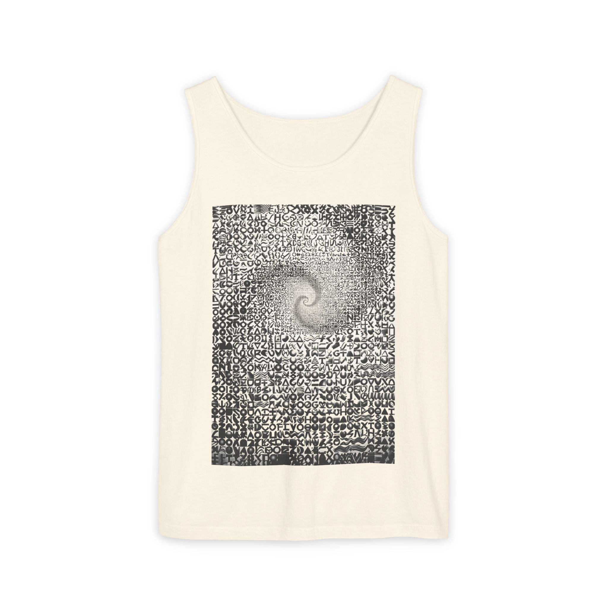 Spiral Text Art Tank Top — Monochrome Optical Typography Tee