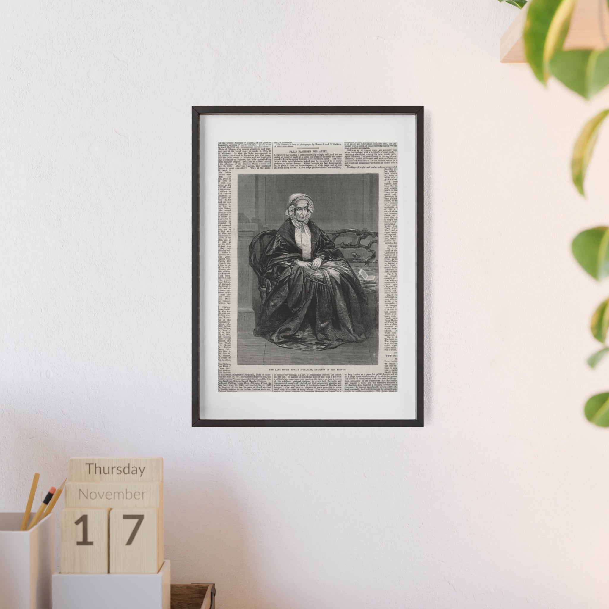 The Late Marie Amelie D'Orleans, Ex-Queen of the French. Vintage Portrait Newspaper Art Poster with Black Wooden Frame