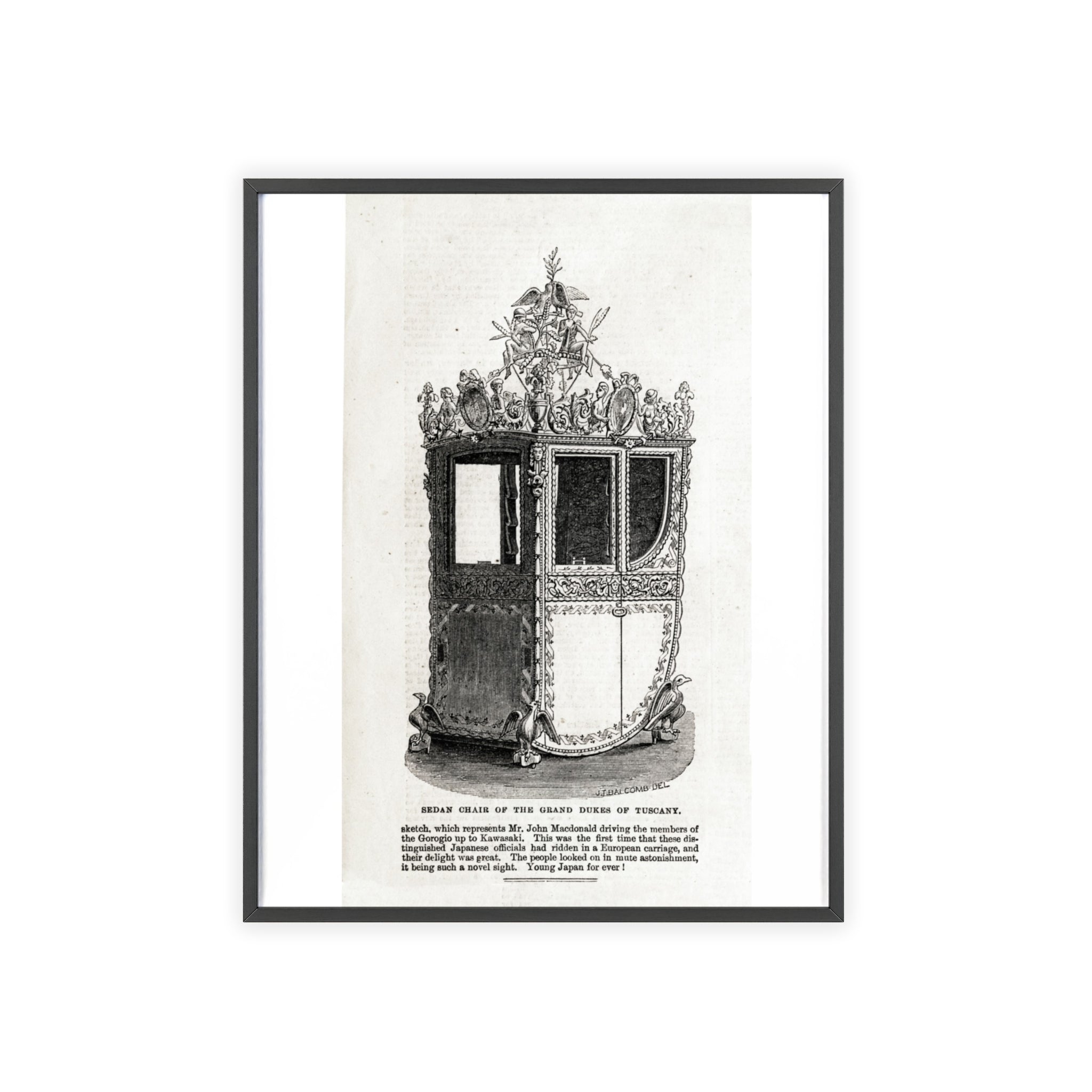 Chair of the GRAND DUKES of TUSCANY. Antique Carriage Print Poster with Wooden Frame — Vintage Engraving Wall Art