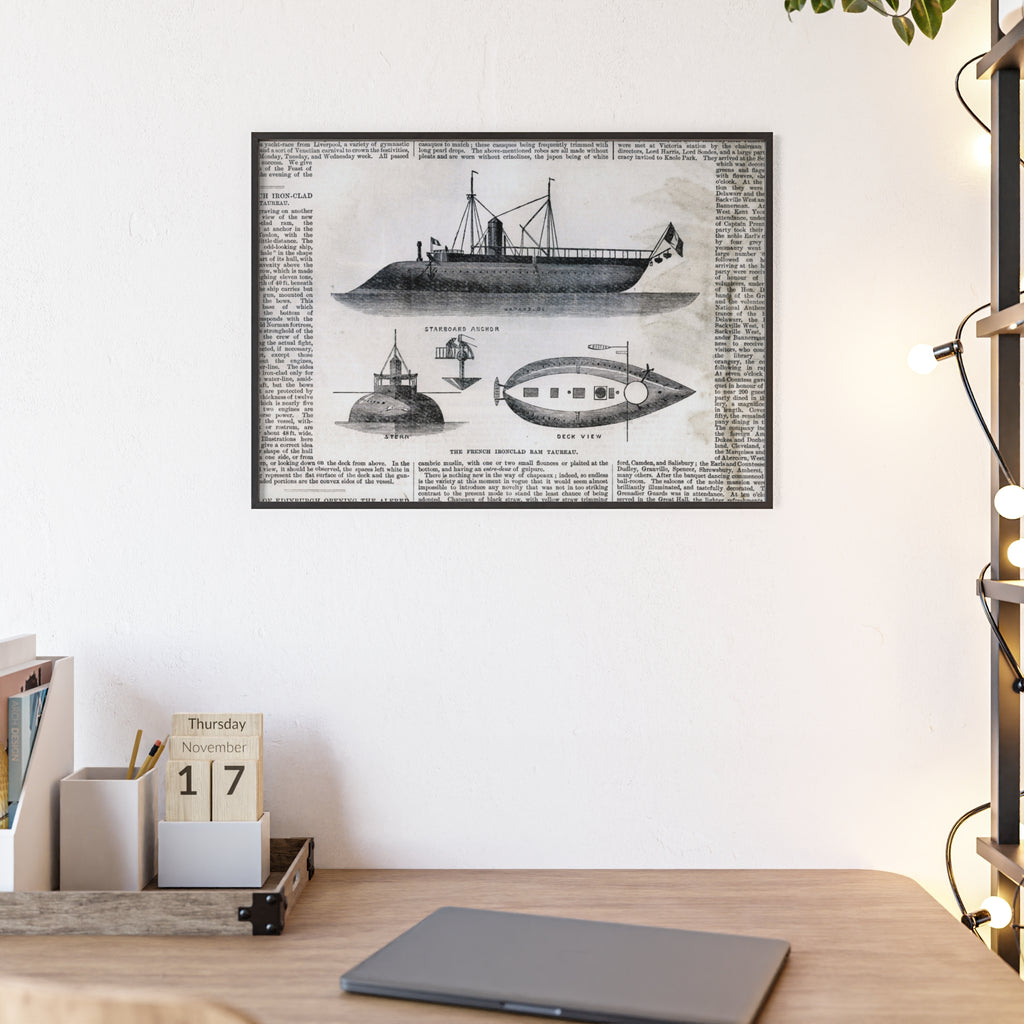 The French Ironclad RAM TAUREAU. Vintage Steamboat Patent Poster — Framed Nautical Wall Art