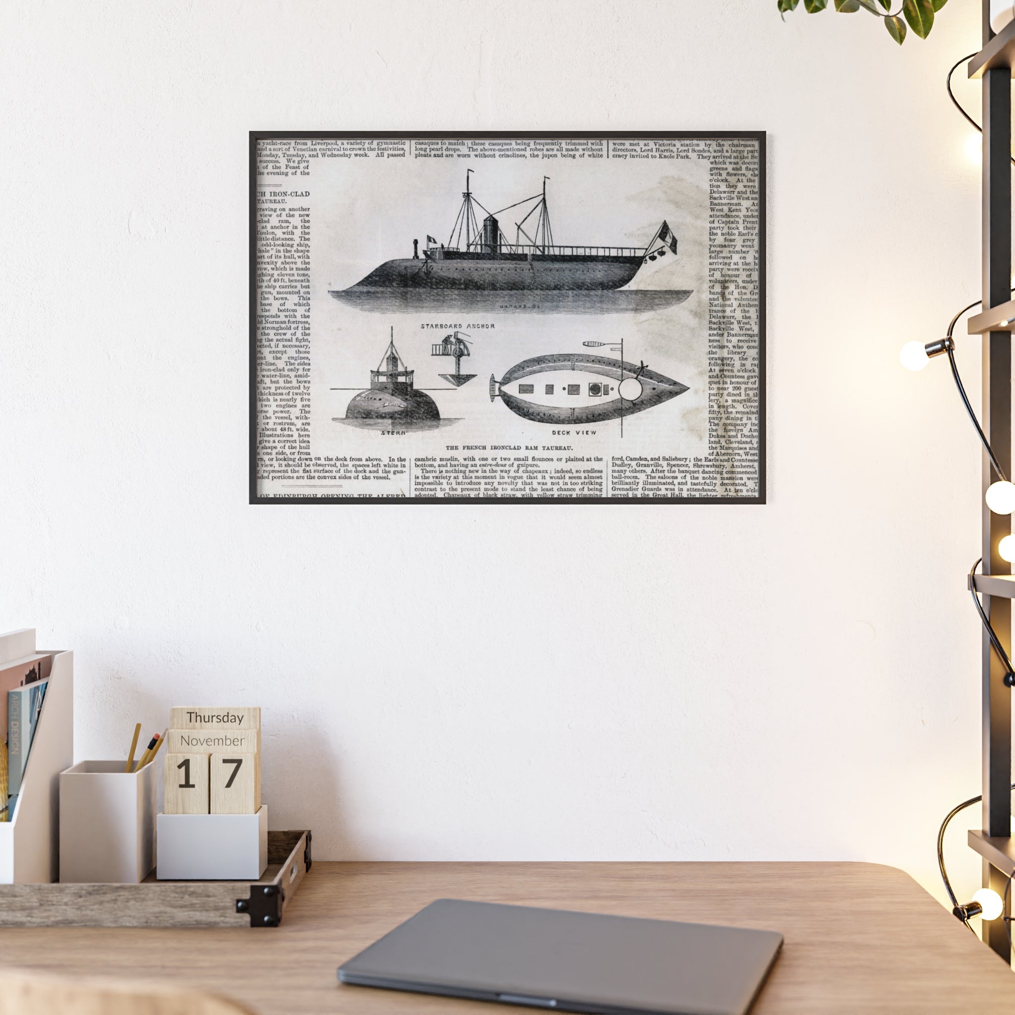 The French Ironclad RAM TAUREAU. Vintage Steamboat Patent Poster — Framed Nautical Wall Art