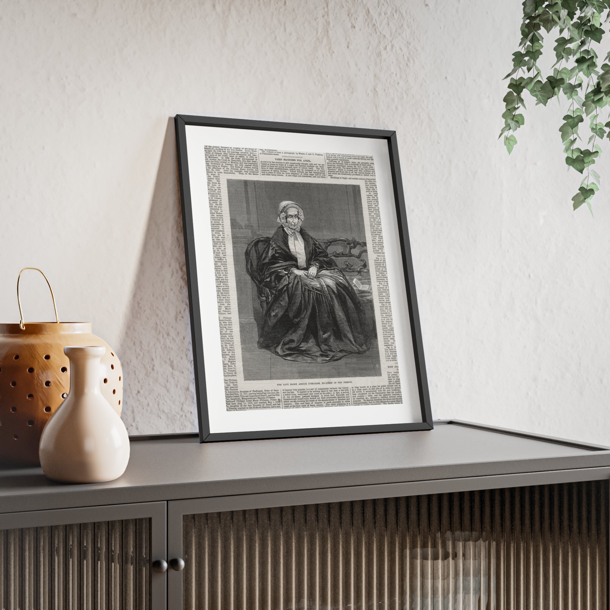The Late Marie Amelie D'Orleans, Ex-Queen of the French. Vintage Portrait Newspaper Art Poster with Black Wooden Frame